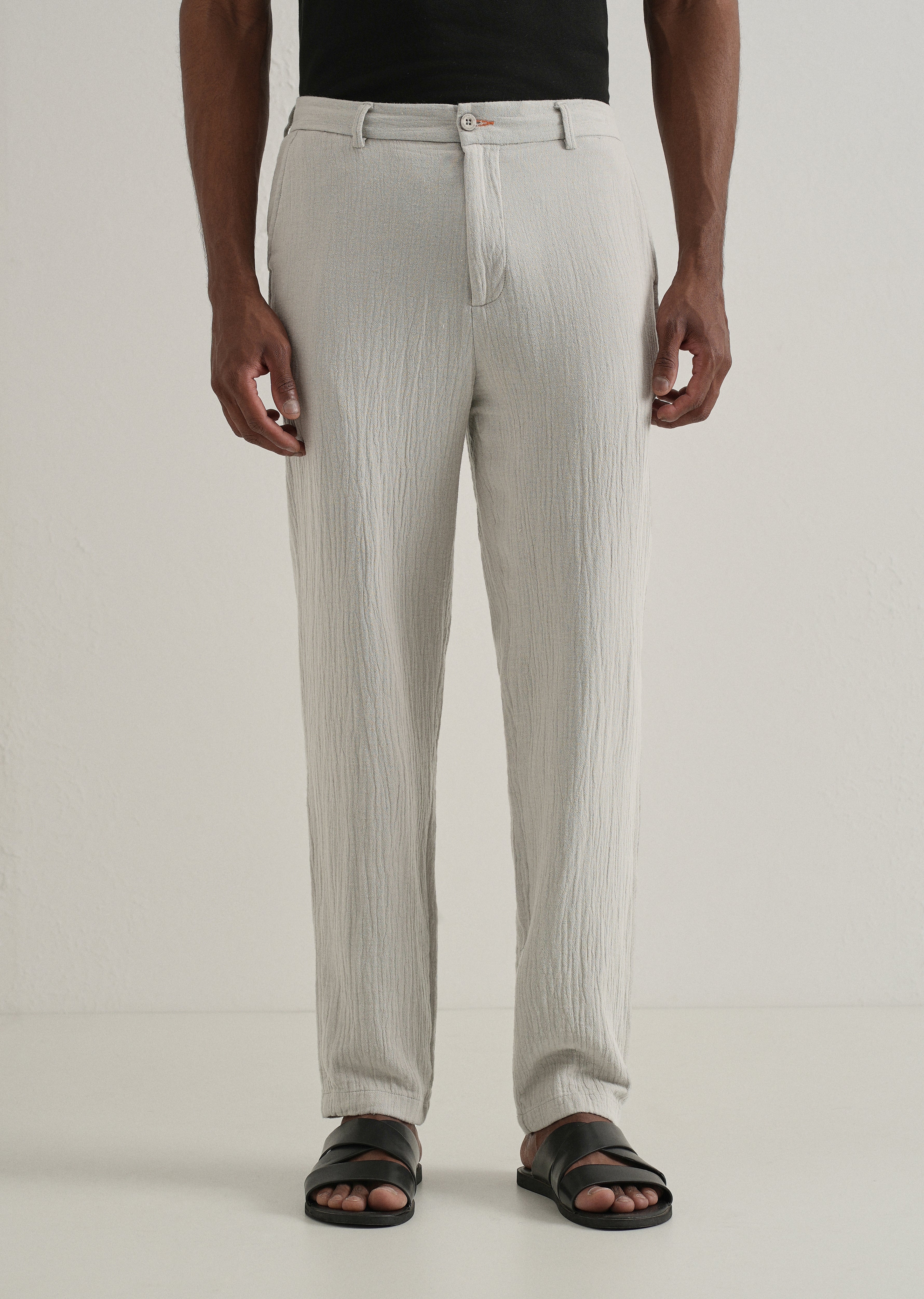 Grey Crinkled Cotton Trouser