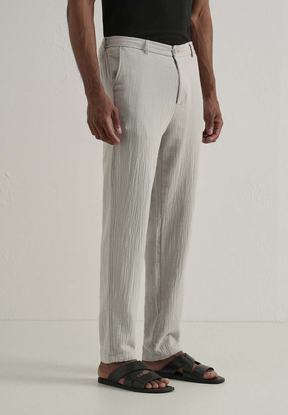 Grey Crinkled Cotton Trouser
