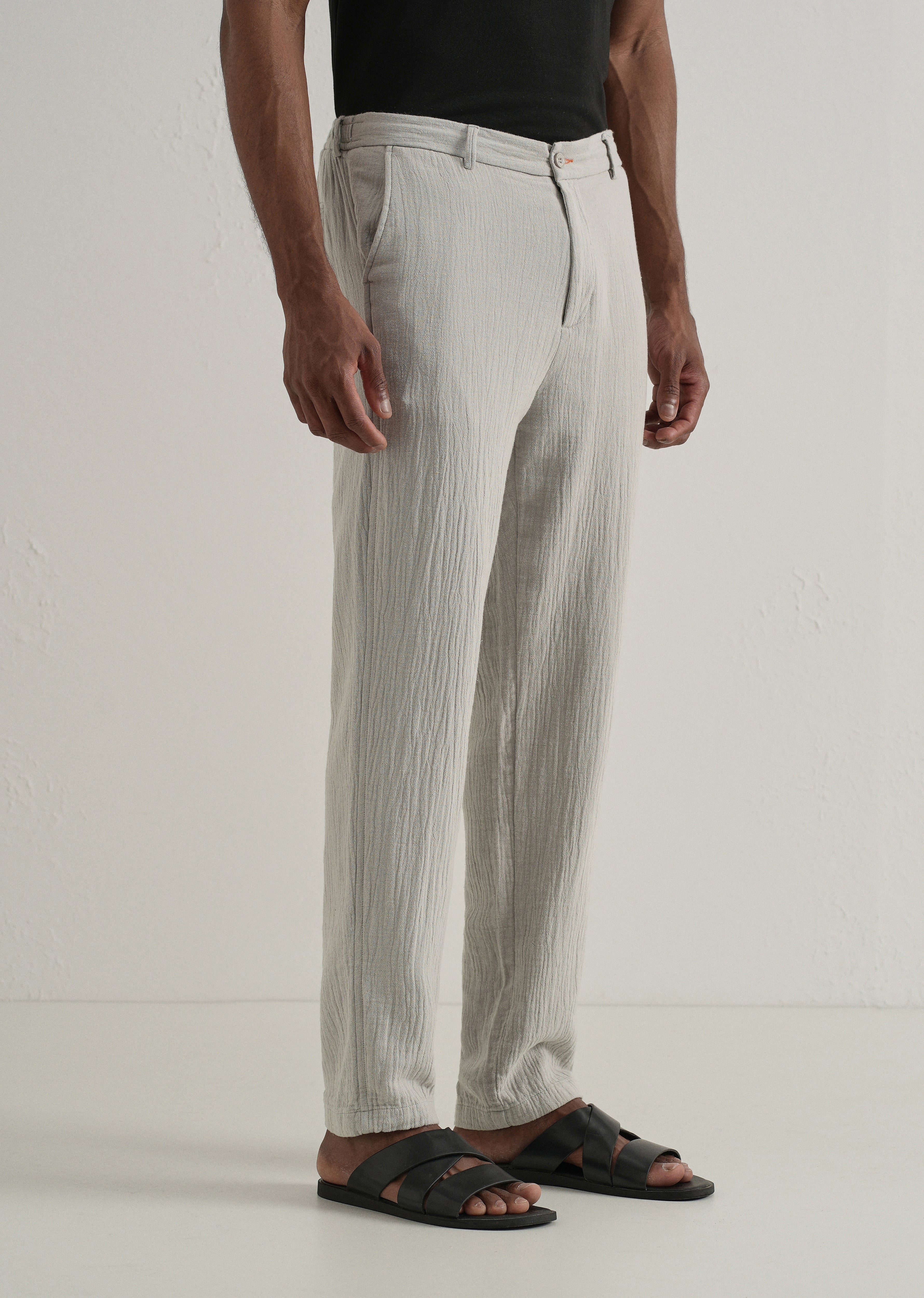 Grey Crinkled Cotton Trouser