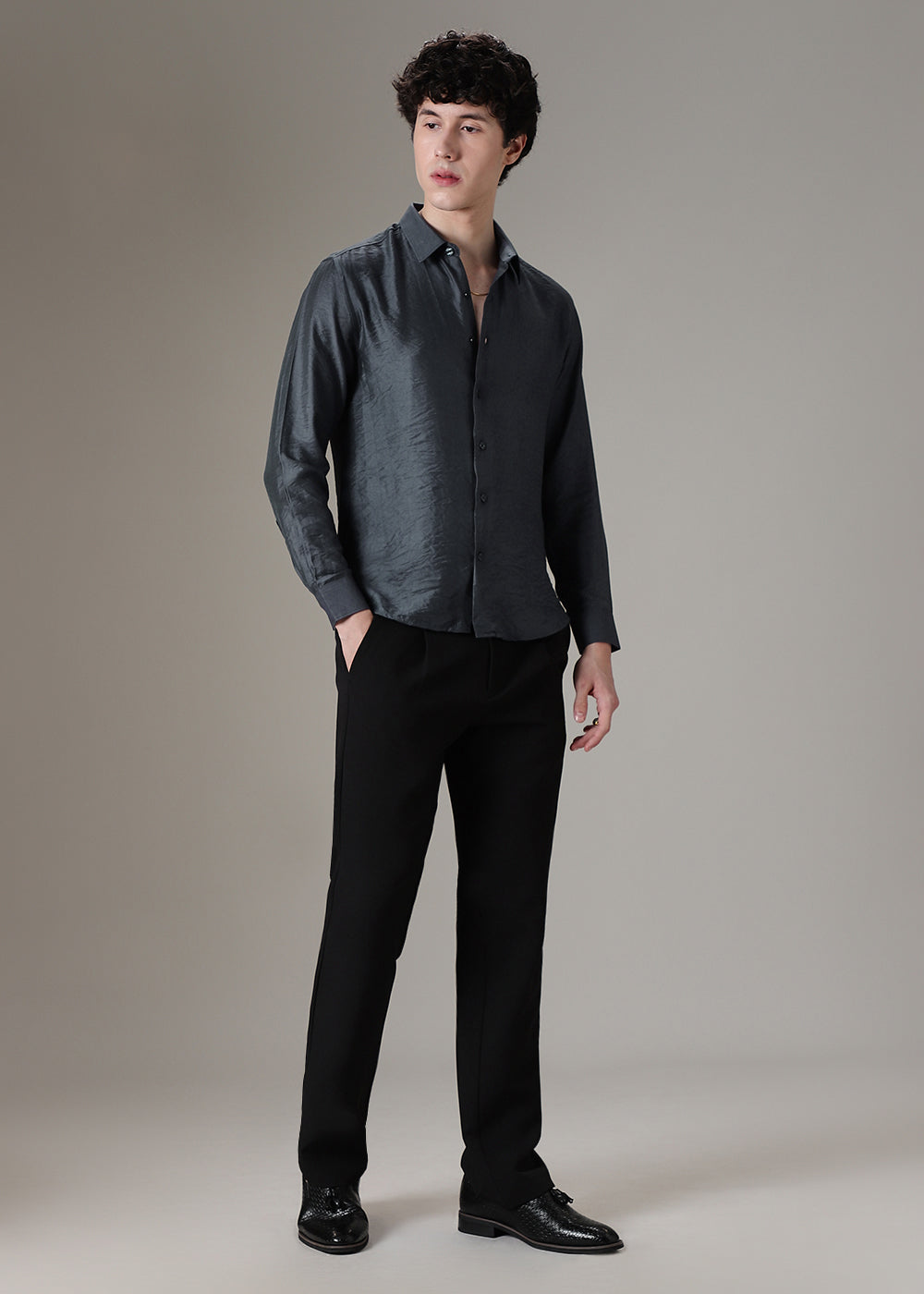 Grey Crushed Satin Shirt