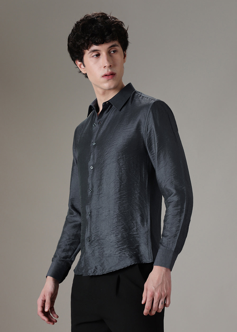 Grey Crushed Satin Shirt