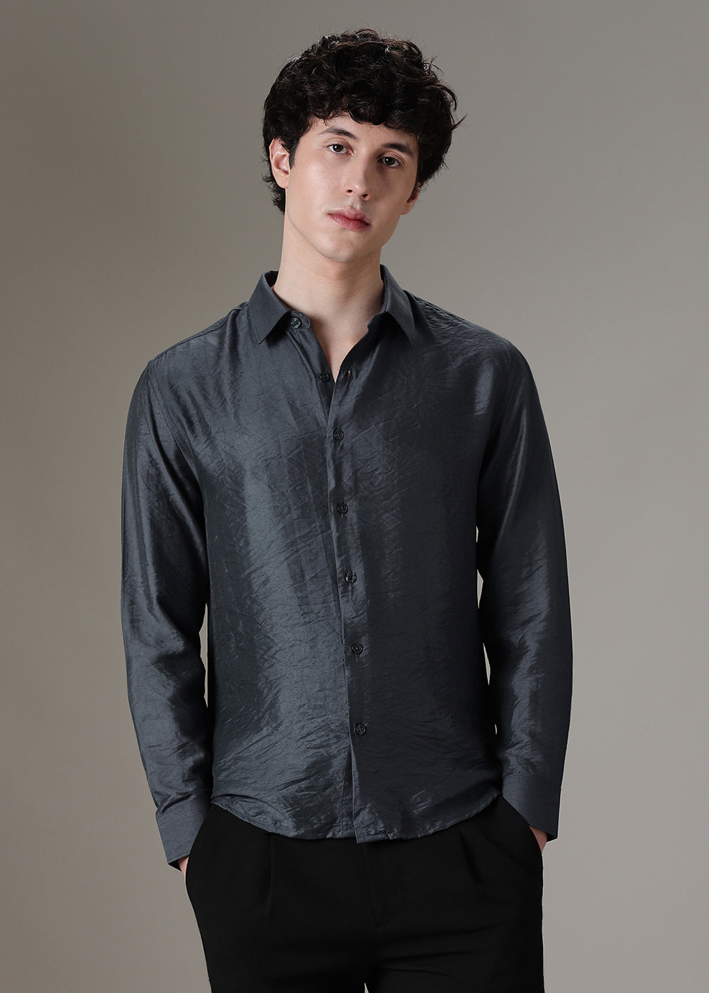 Grey Crushed Satin Shirt