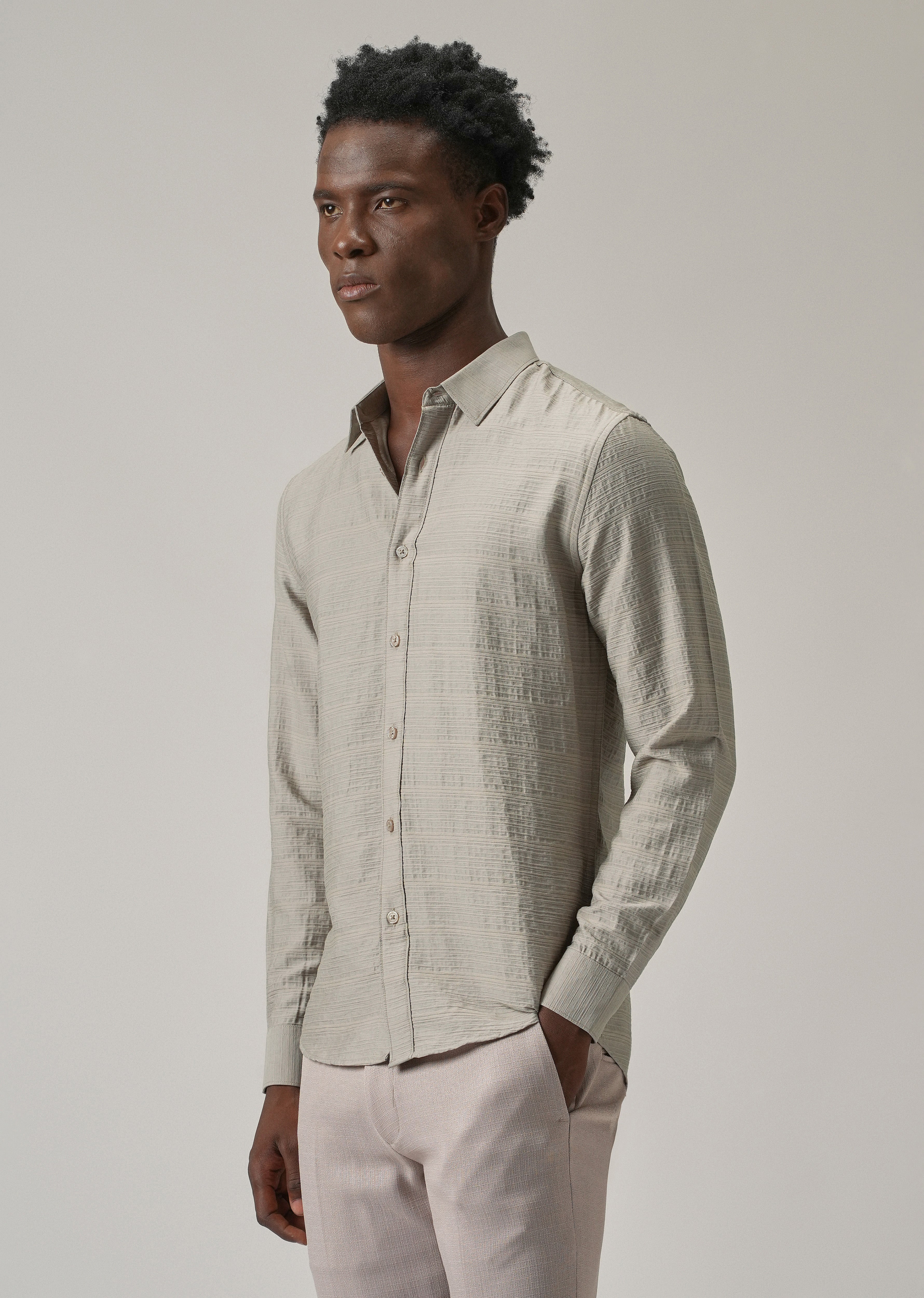 Grey Crushed Self Stripe Shirt