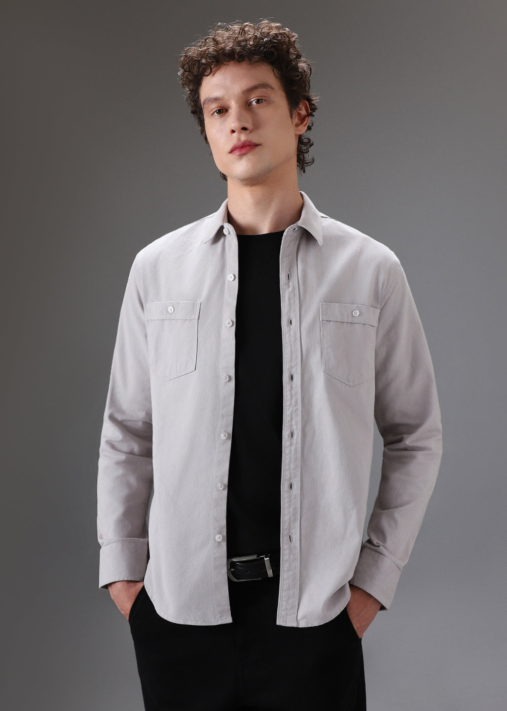 Grey Plain Double Pocket Shirt