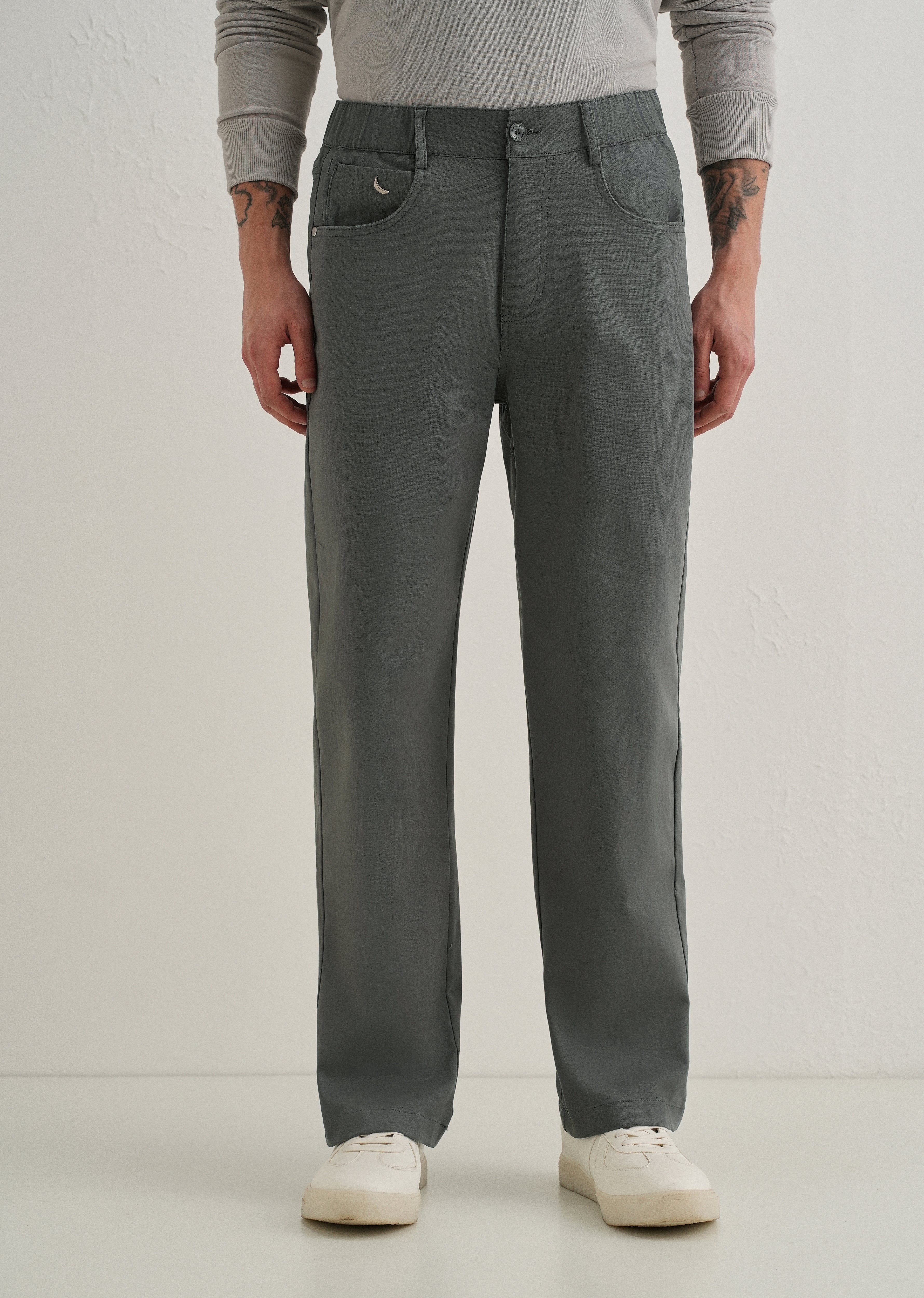 Grey Semi-Elasticated Cotton Trouser