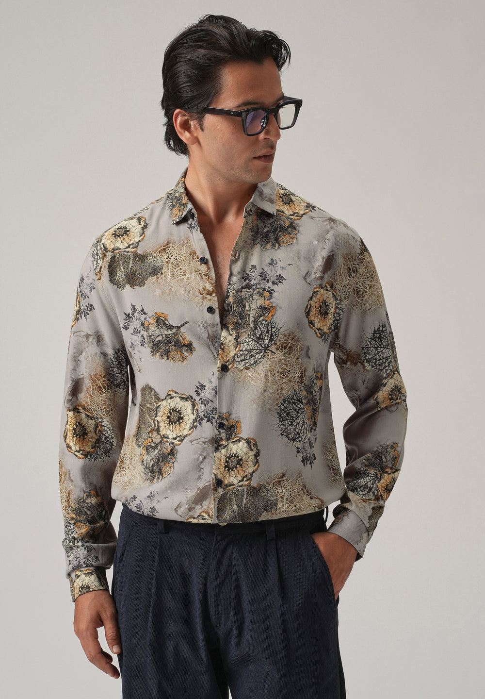Grey Flora Print Feather Shirt