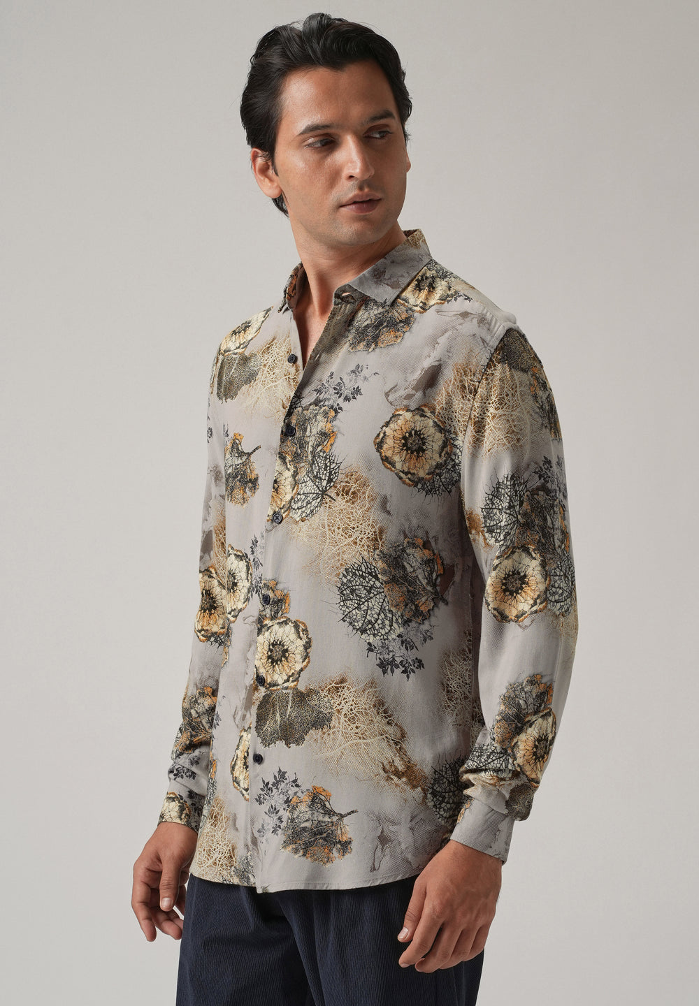 Grey Flora Print Feather Shirt