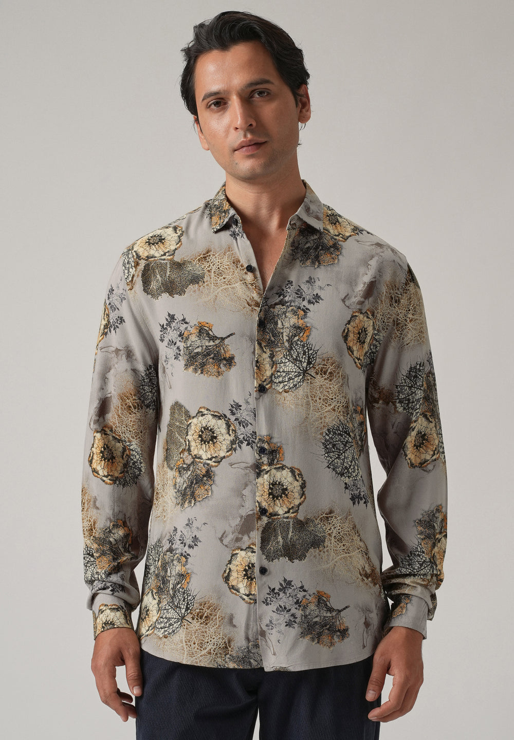 Grey Flora Print Feather Shirt