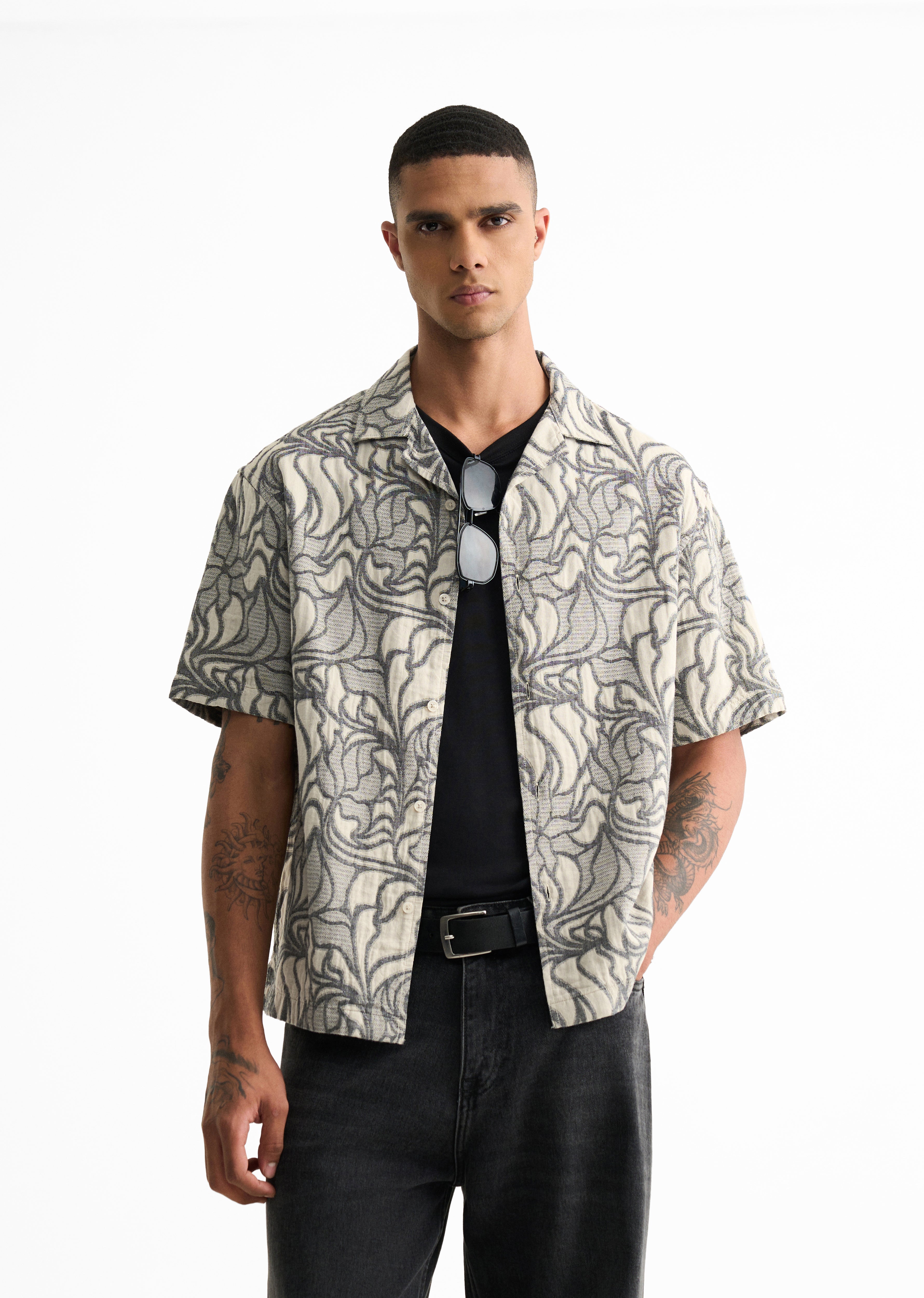 Grey Floral Jacquard Boxy Shirt