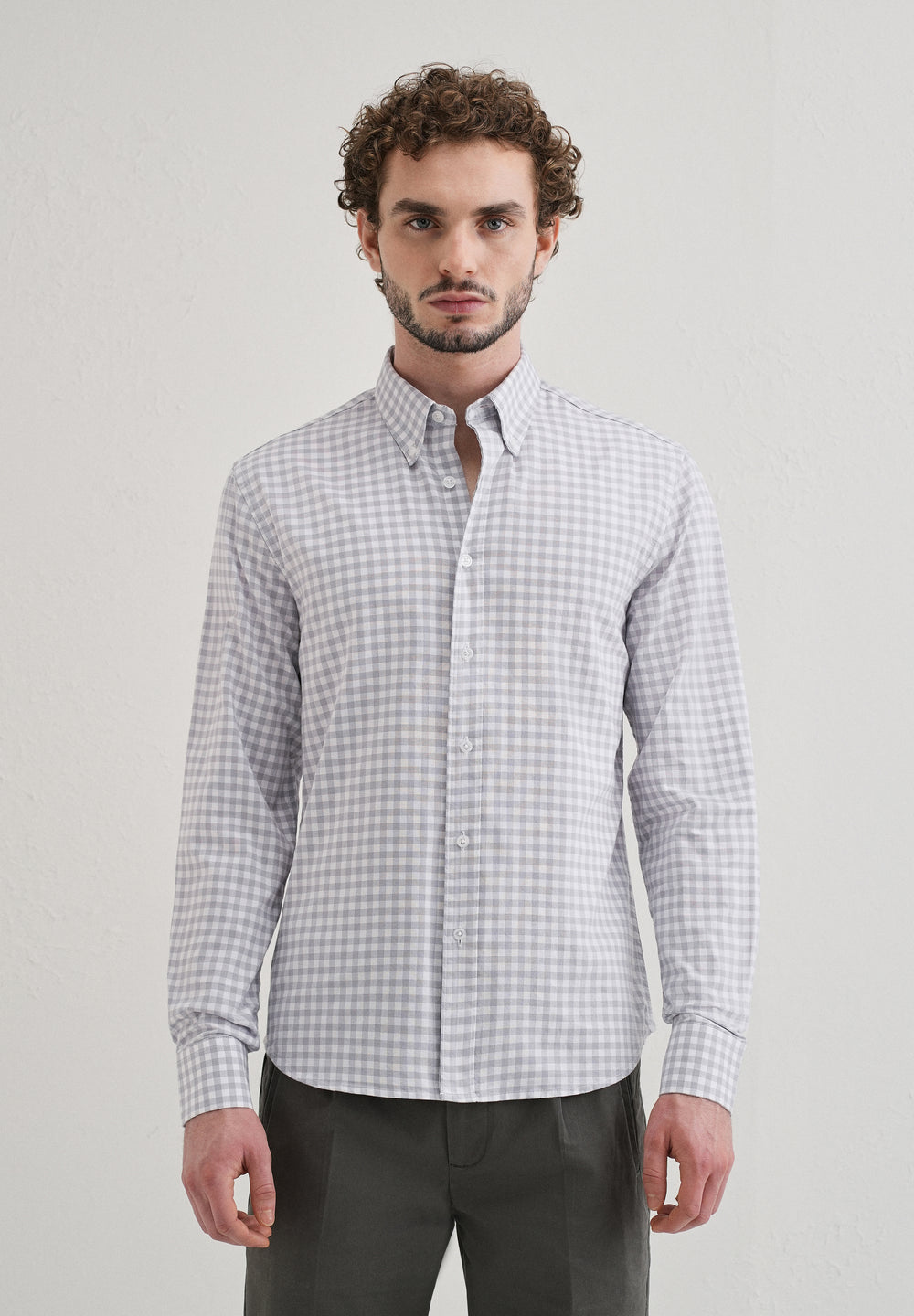 Grey Gingham Check Cotton Oxford Shirt