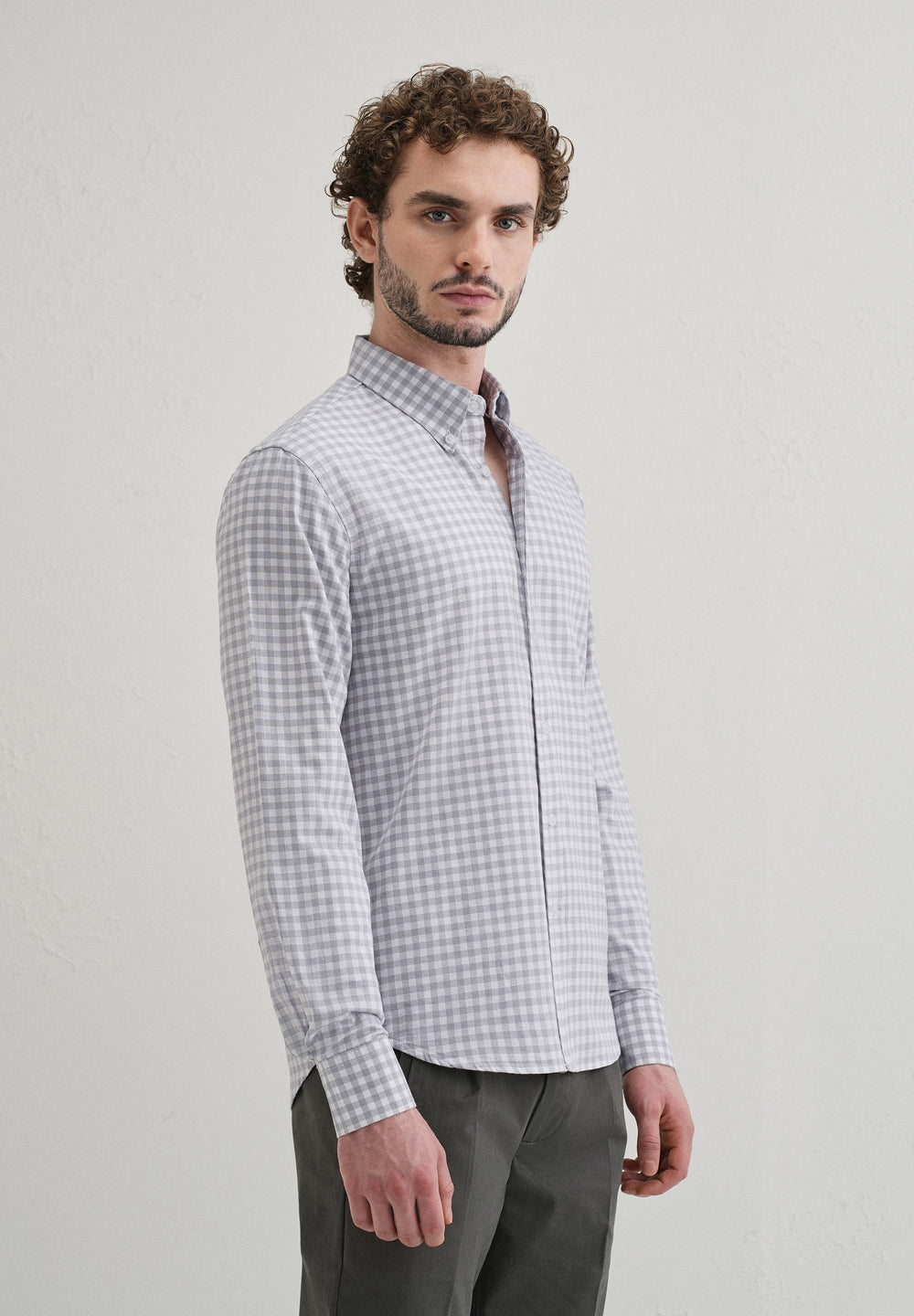 Grey Gingham Check Cotton Oxford Shirt