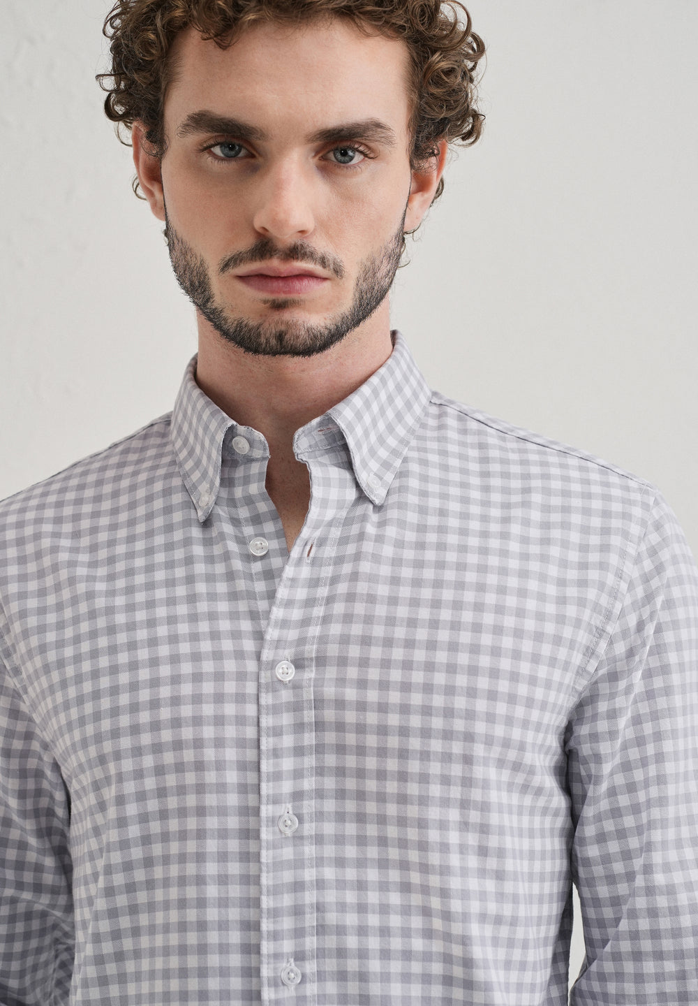 Grey Gingham Check Cotton Oxford Shirt