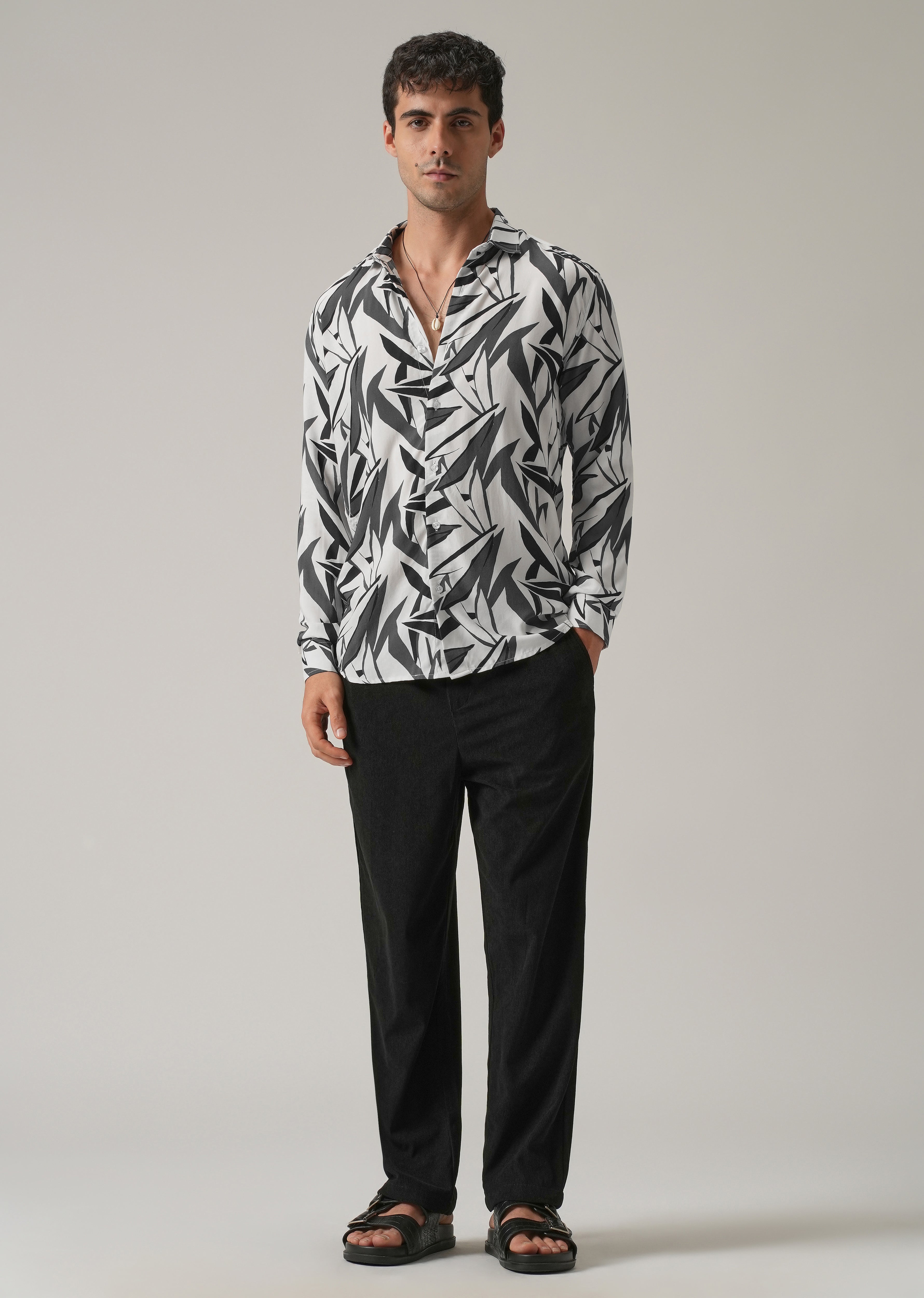 Grey Graphic Leaf Printed Shirt