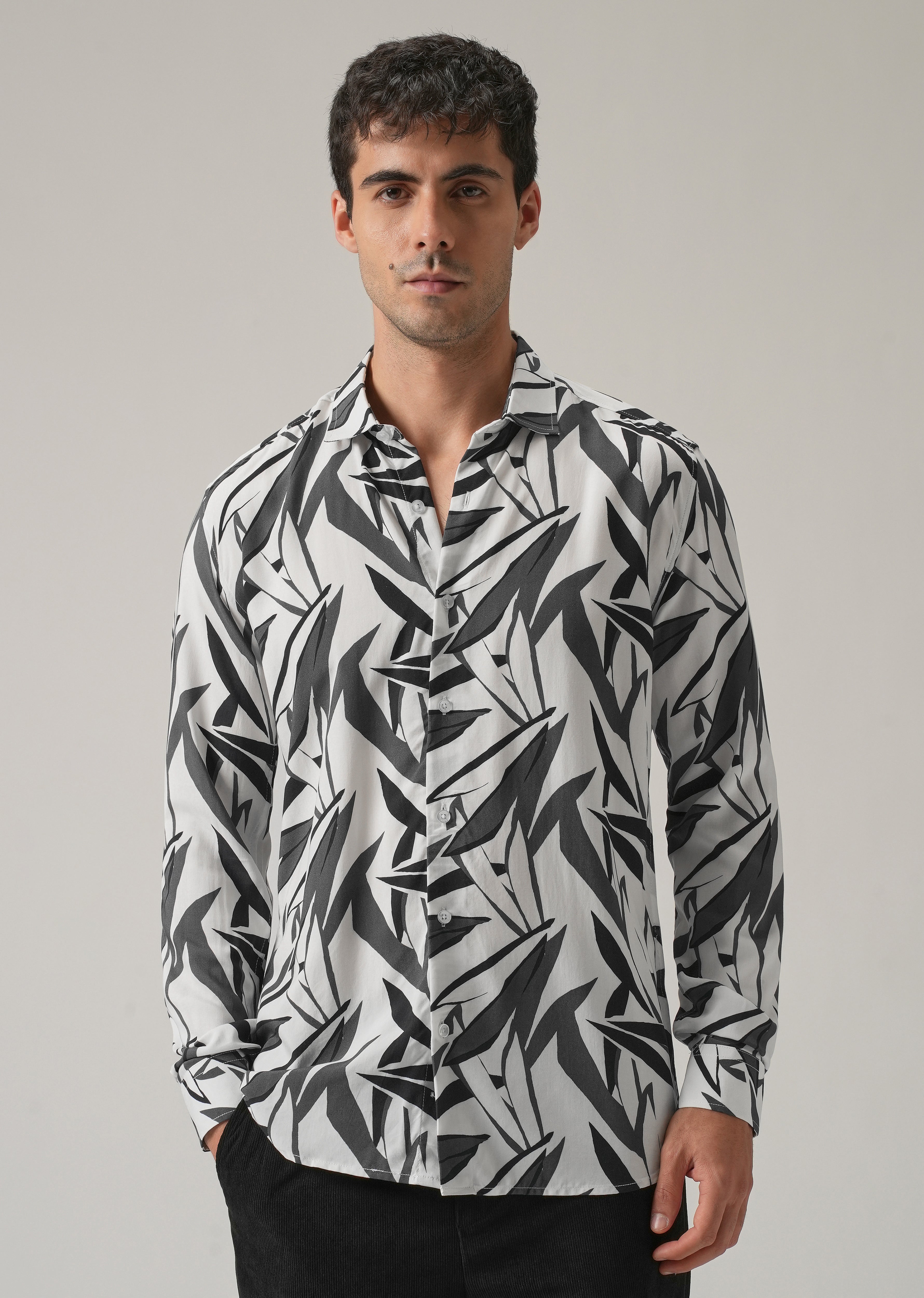 Grey Graphic Leaf Printed Shirt