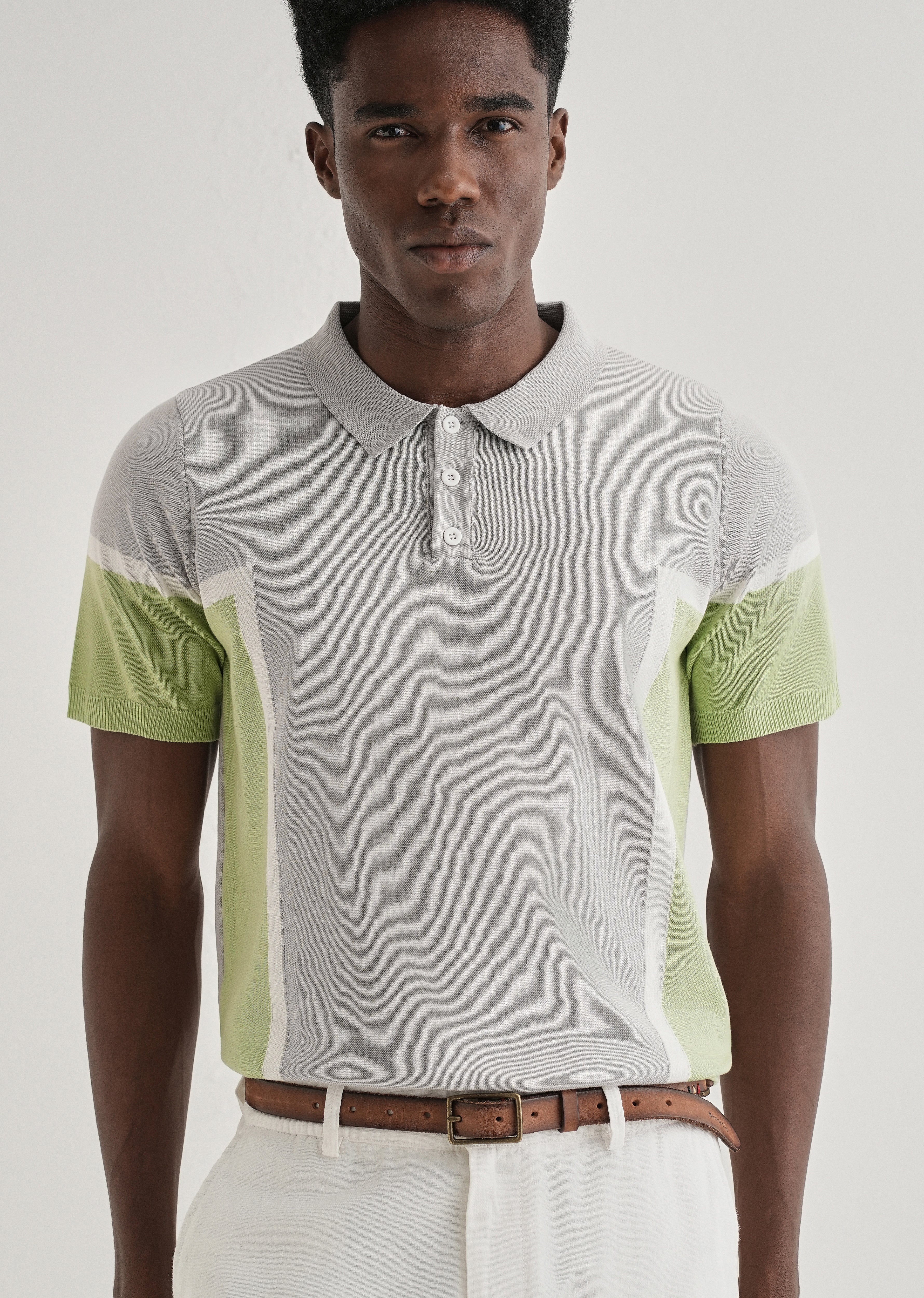 Grey Green Colourblock Polo T-shirt