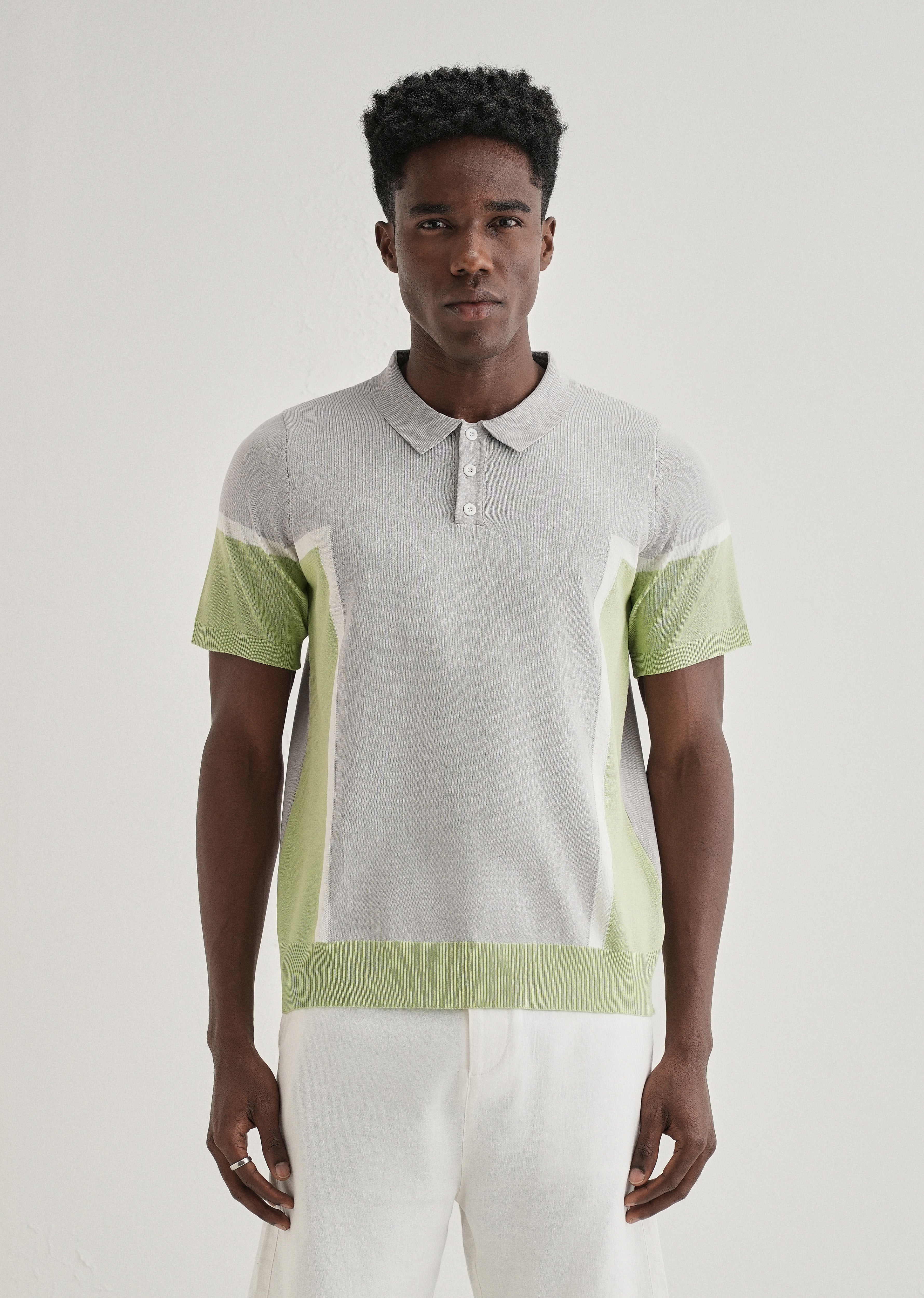 Grey Green Colourblock Polo T-shirt