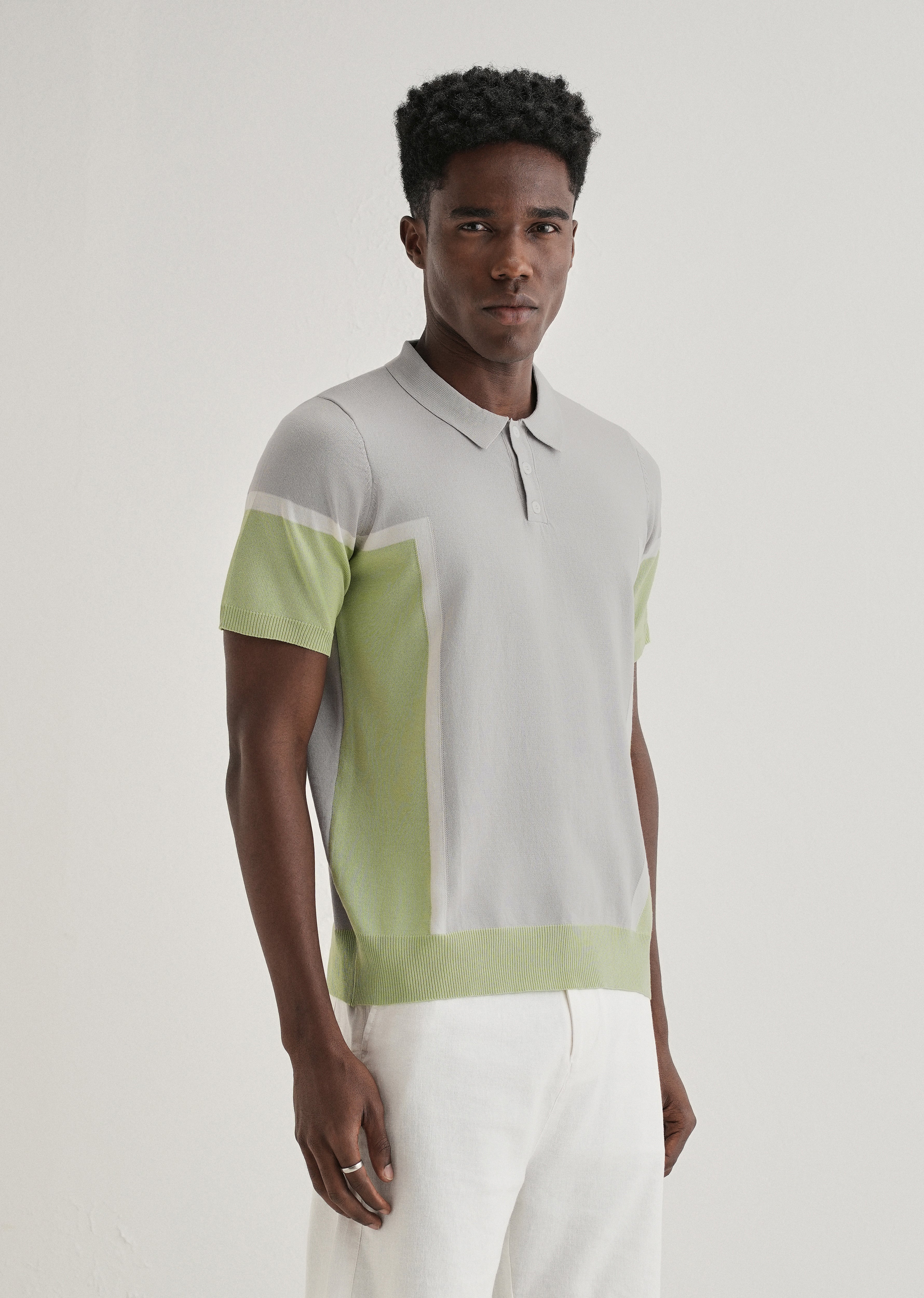 Grey Green Colourblock Polo T-shirt