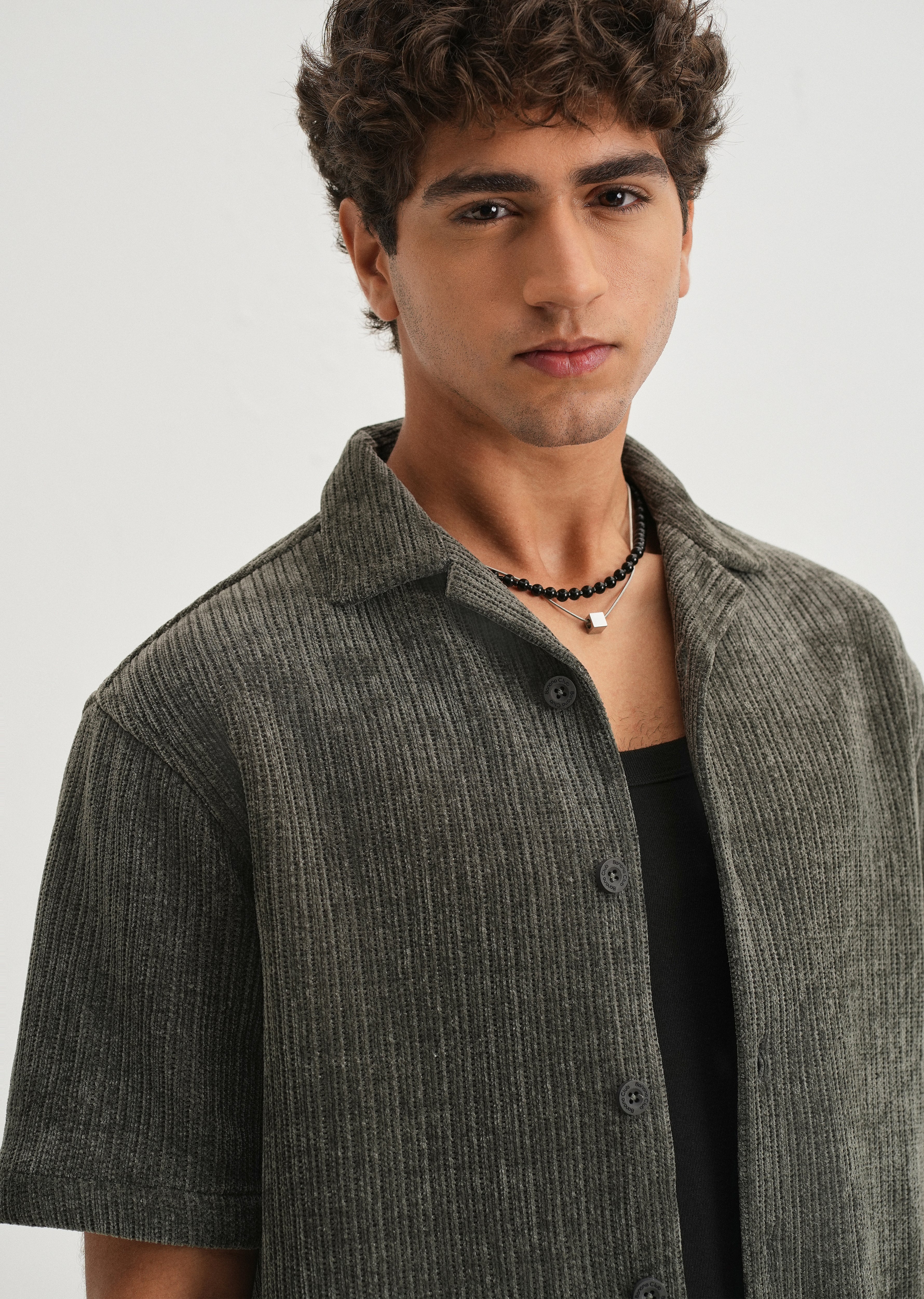 Grey Suede Knit Cuban Collar Shirt