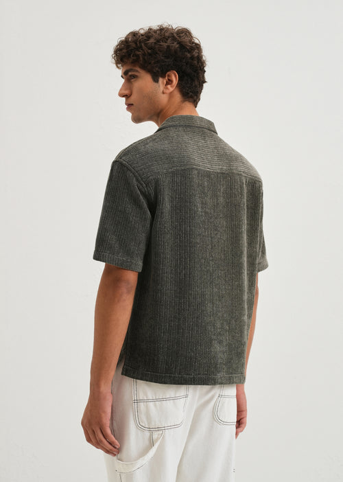 Grey Suede Knit Cuban Collar Shirt