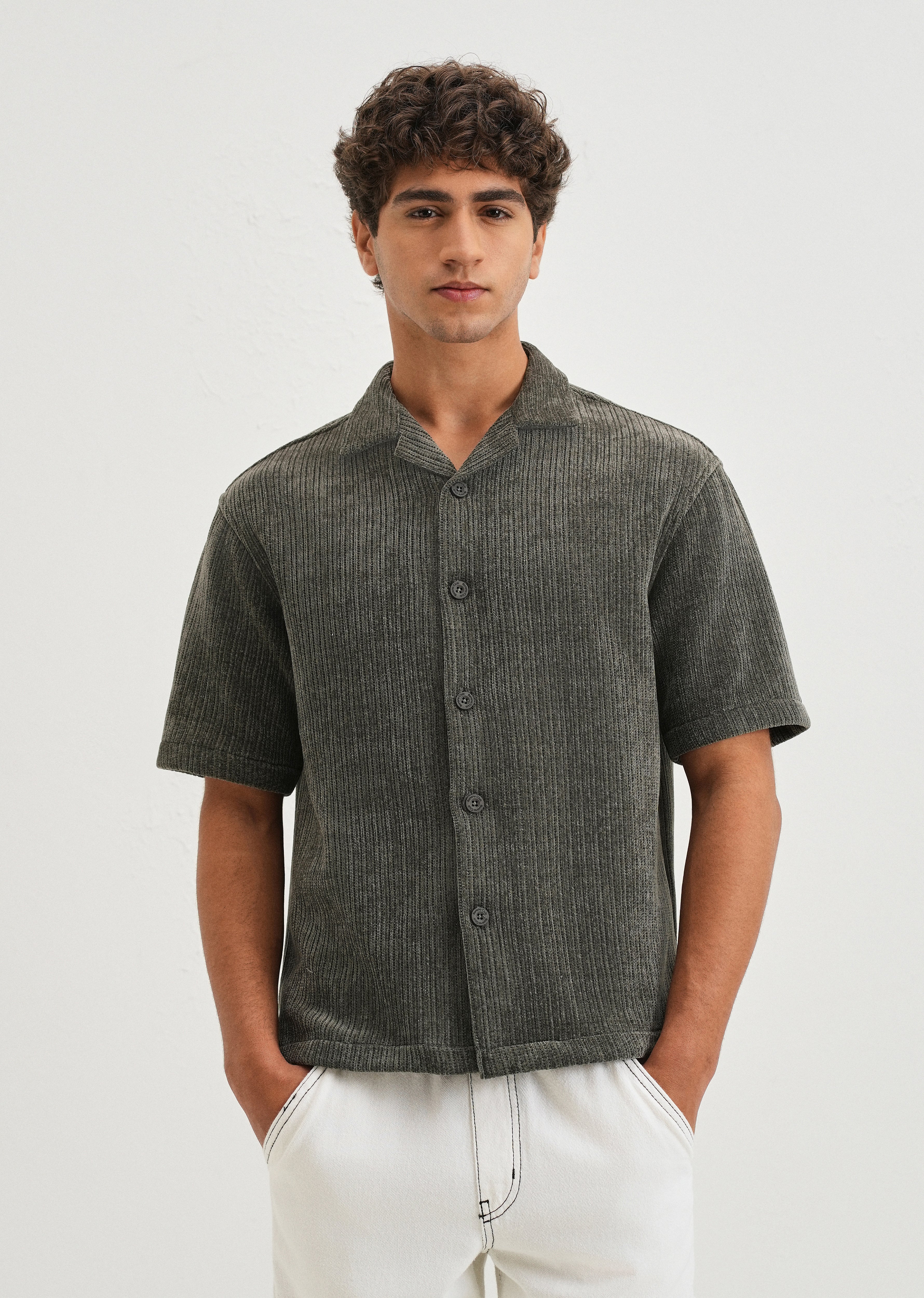 Grey Suede Knit Cuban Collar Shirt