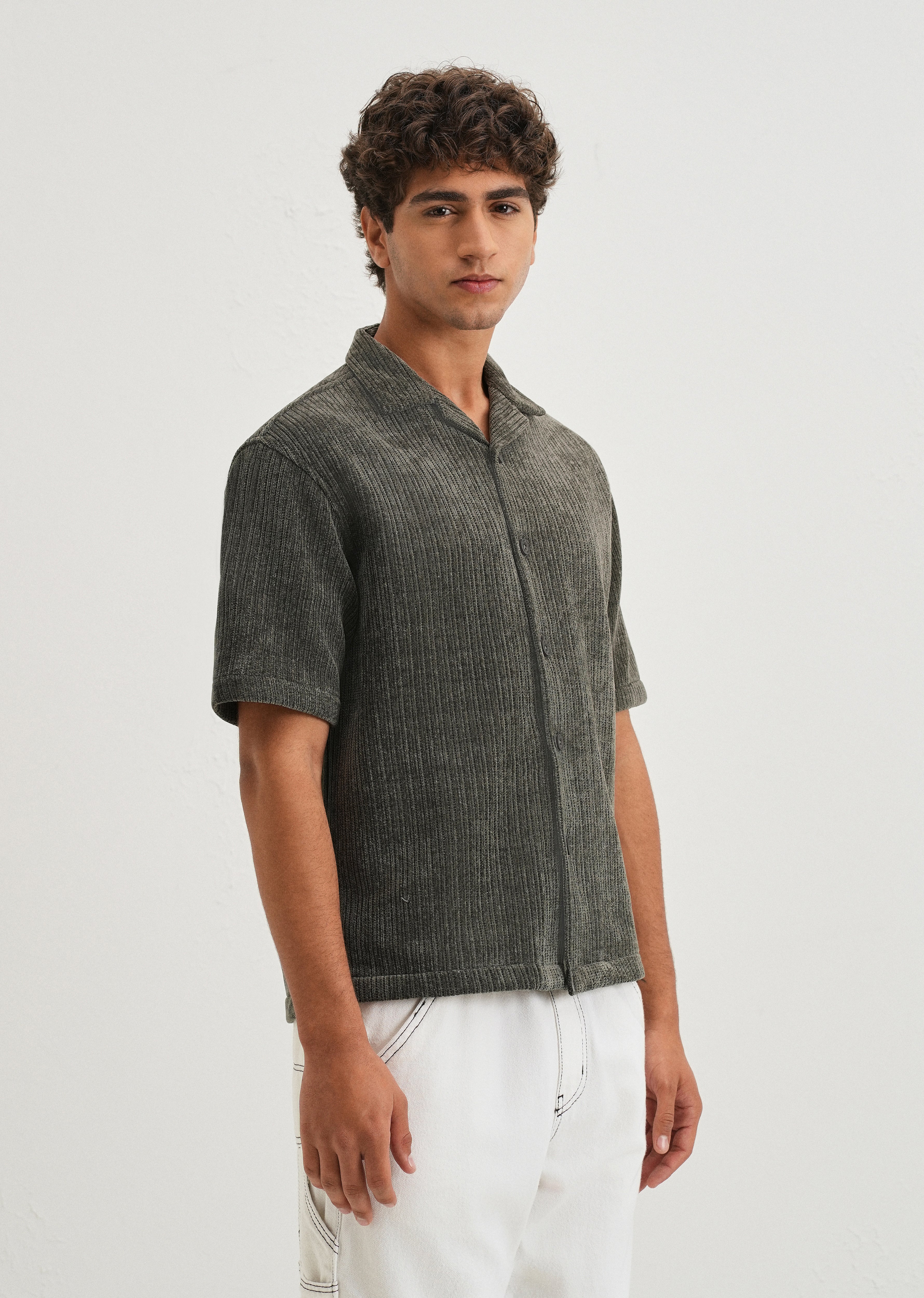 Grey Suede Knit Cuban Collar Shirt