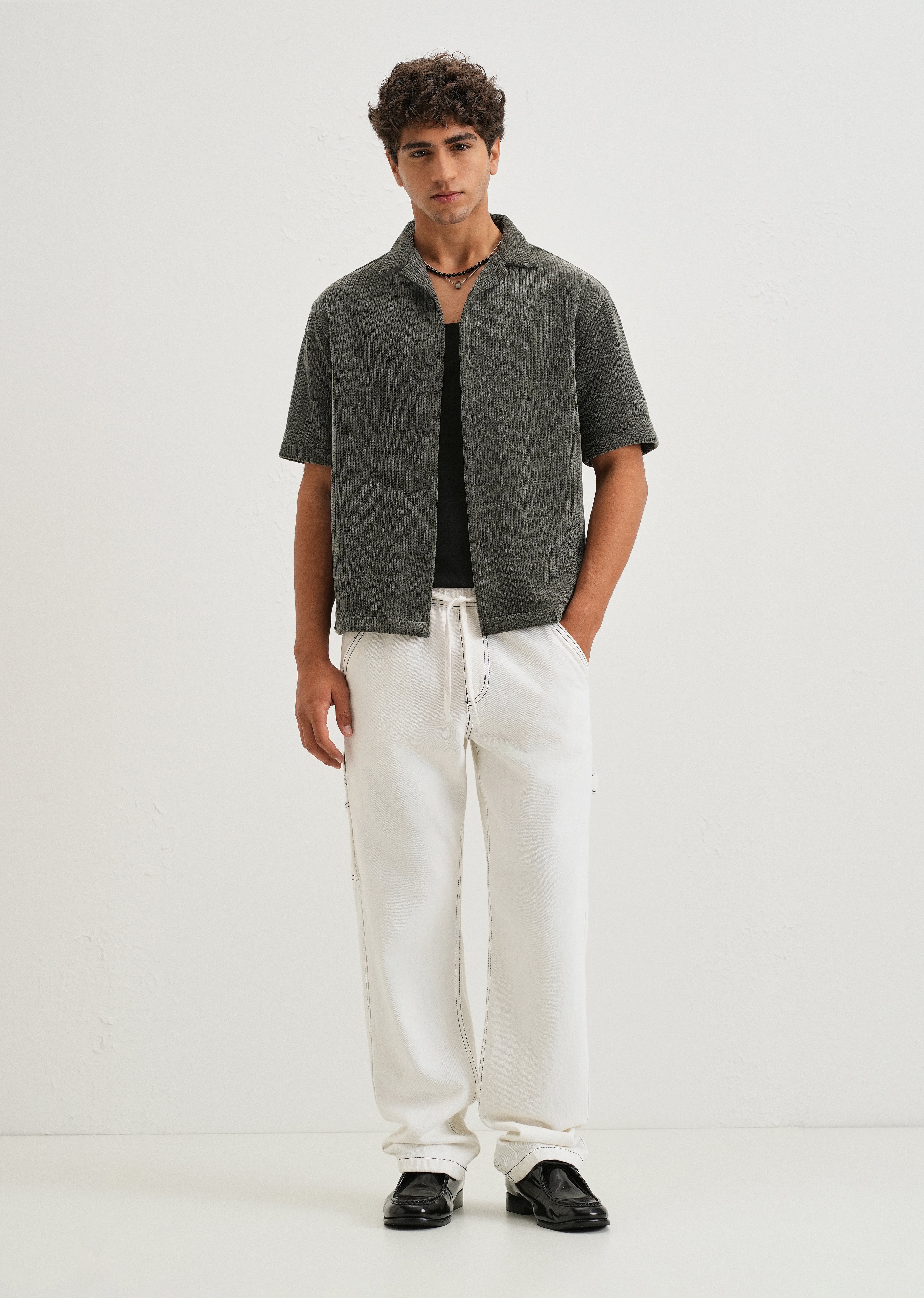 Grey Suede Knit Cuban Collar Shirt