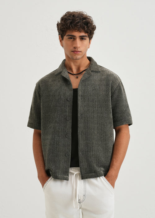 Grey Suede Knit Cuban Collar Shirt