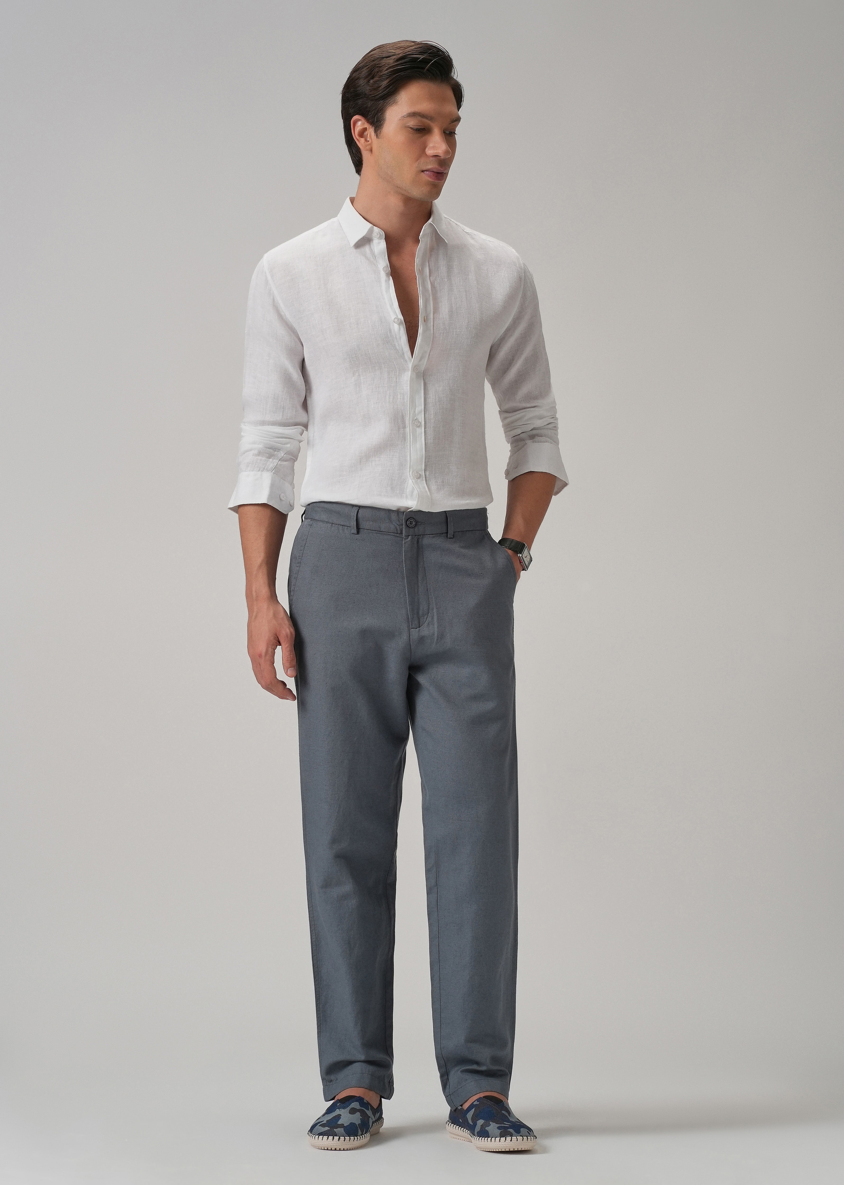Grey Linen Relaxed Fit Trouser