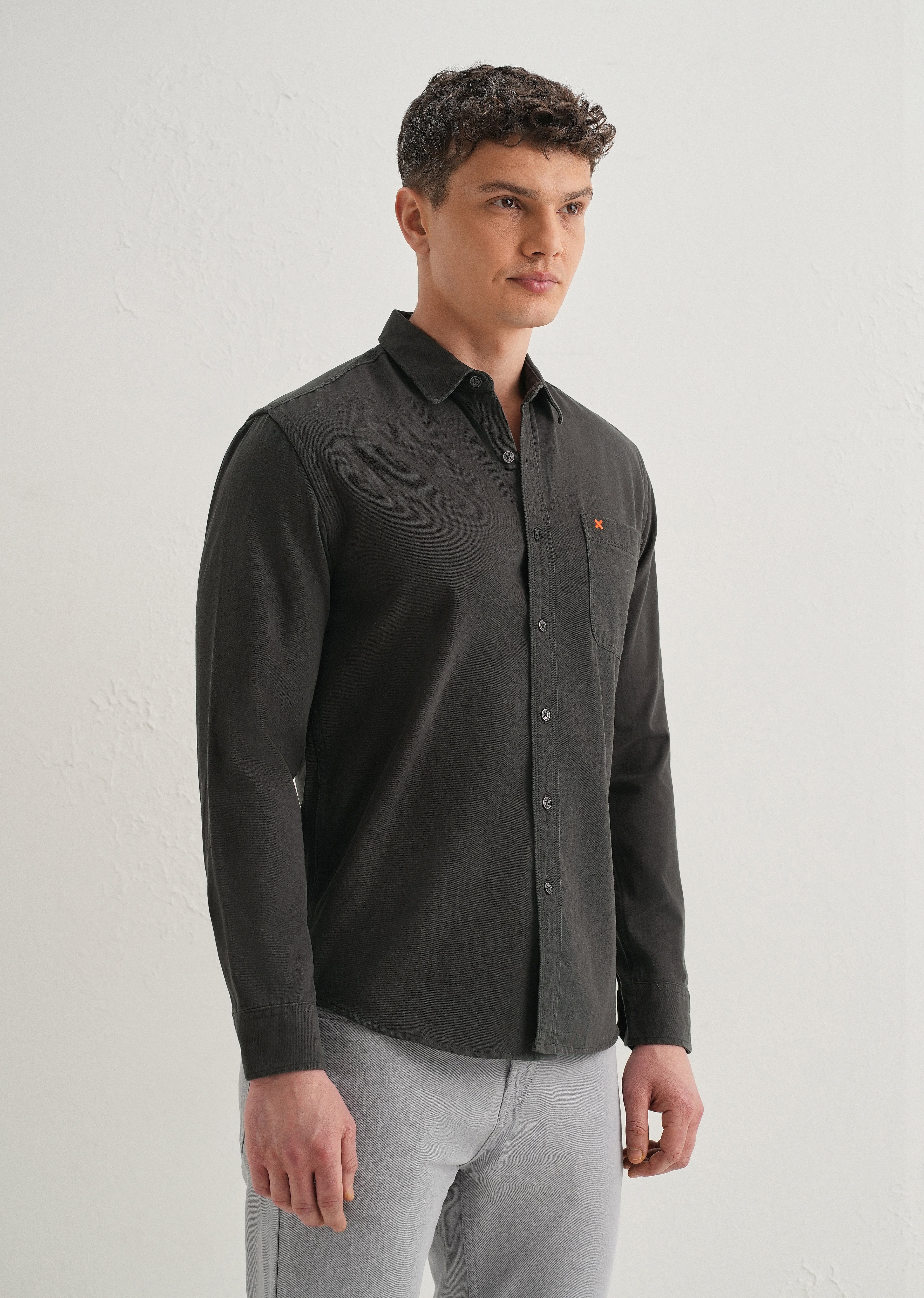 Grey Plain Cotton Single Pocket Shirt