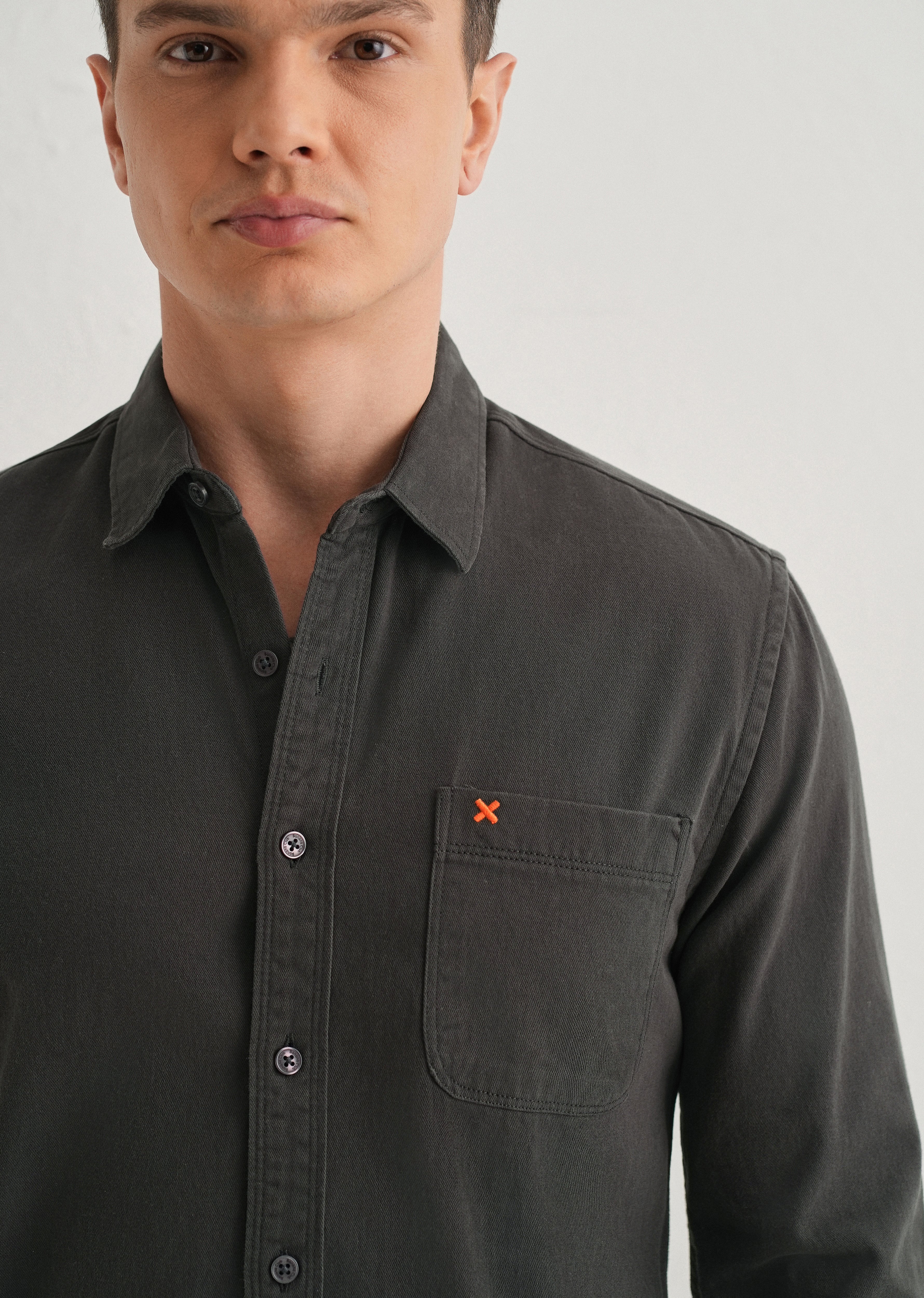 Grey Plain Cotton Single Pocket Shirt