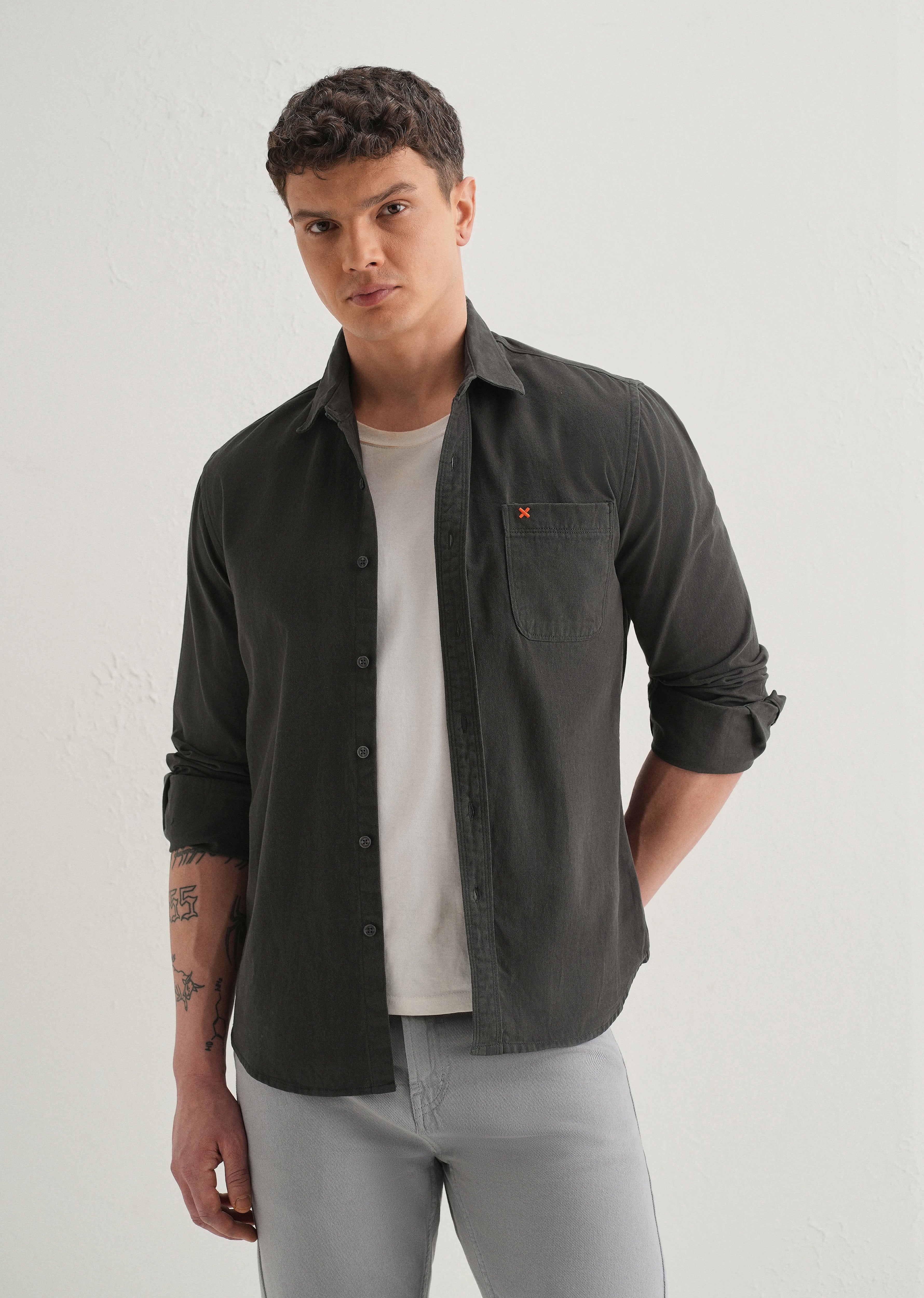 Grey Plain Cotton Single Pocket Shirt