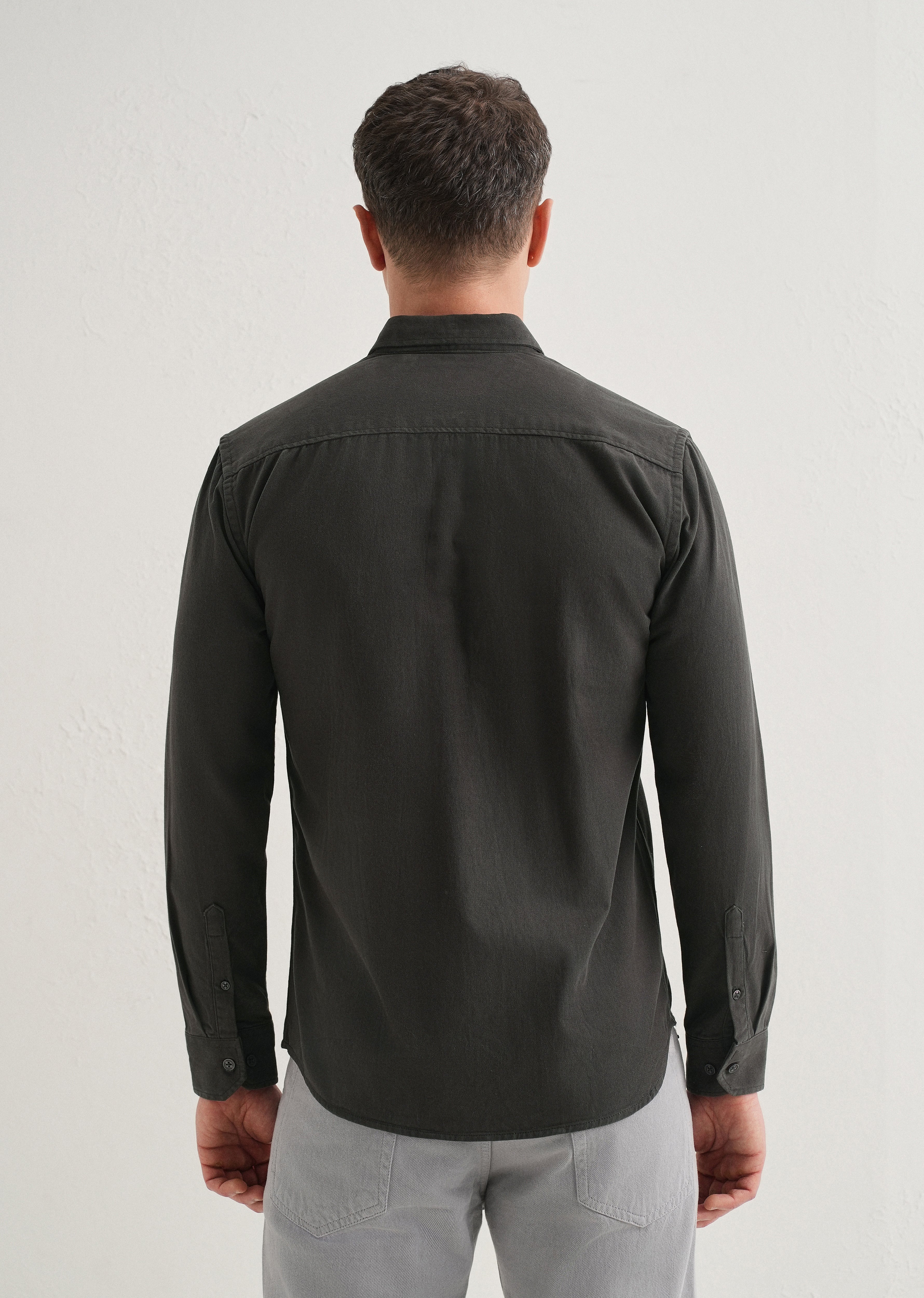 Grey Plain Cotton Single Pocket Shirt