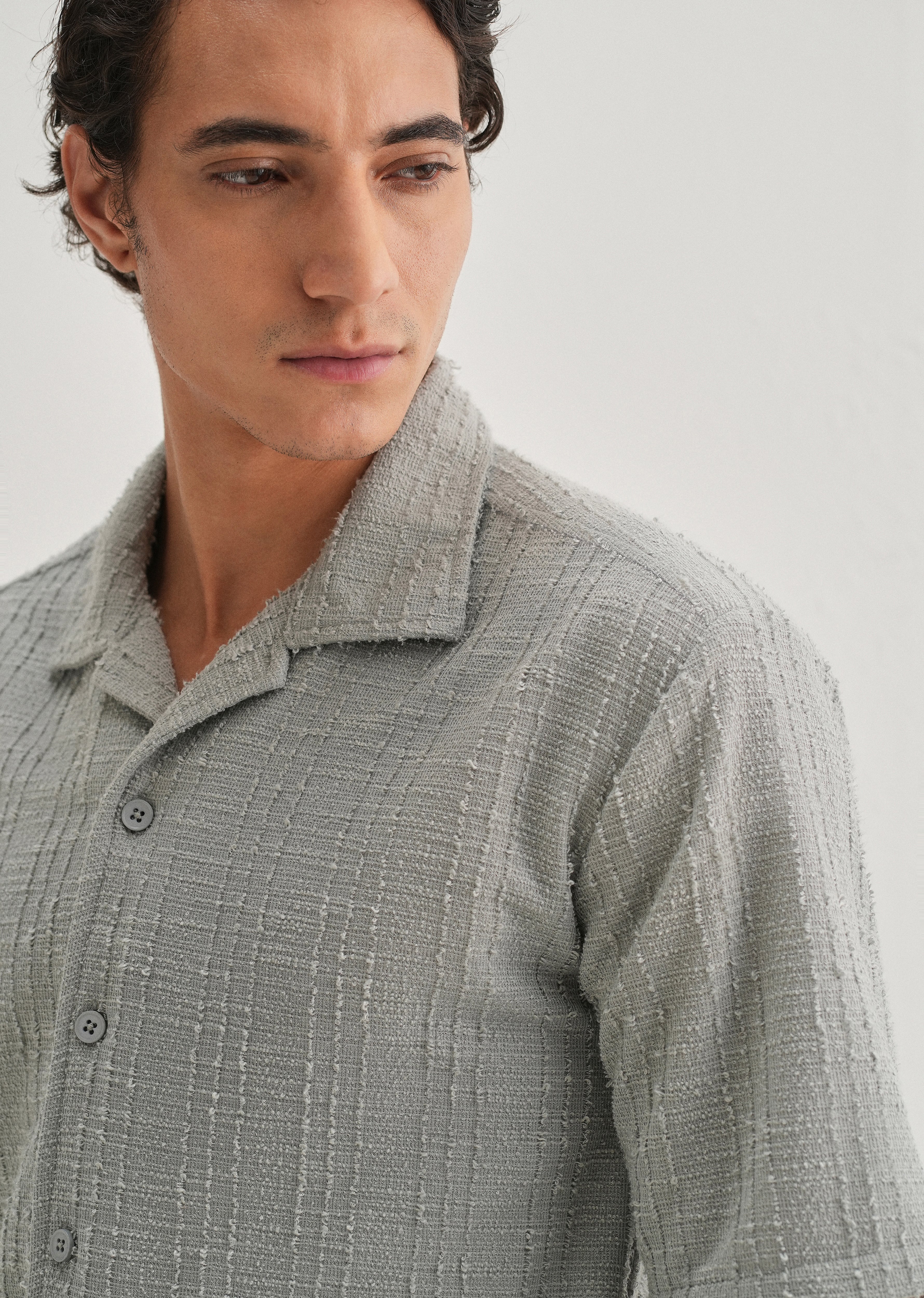 Grey Plain Cuban Collar Knitted Shirt