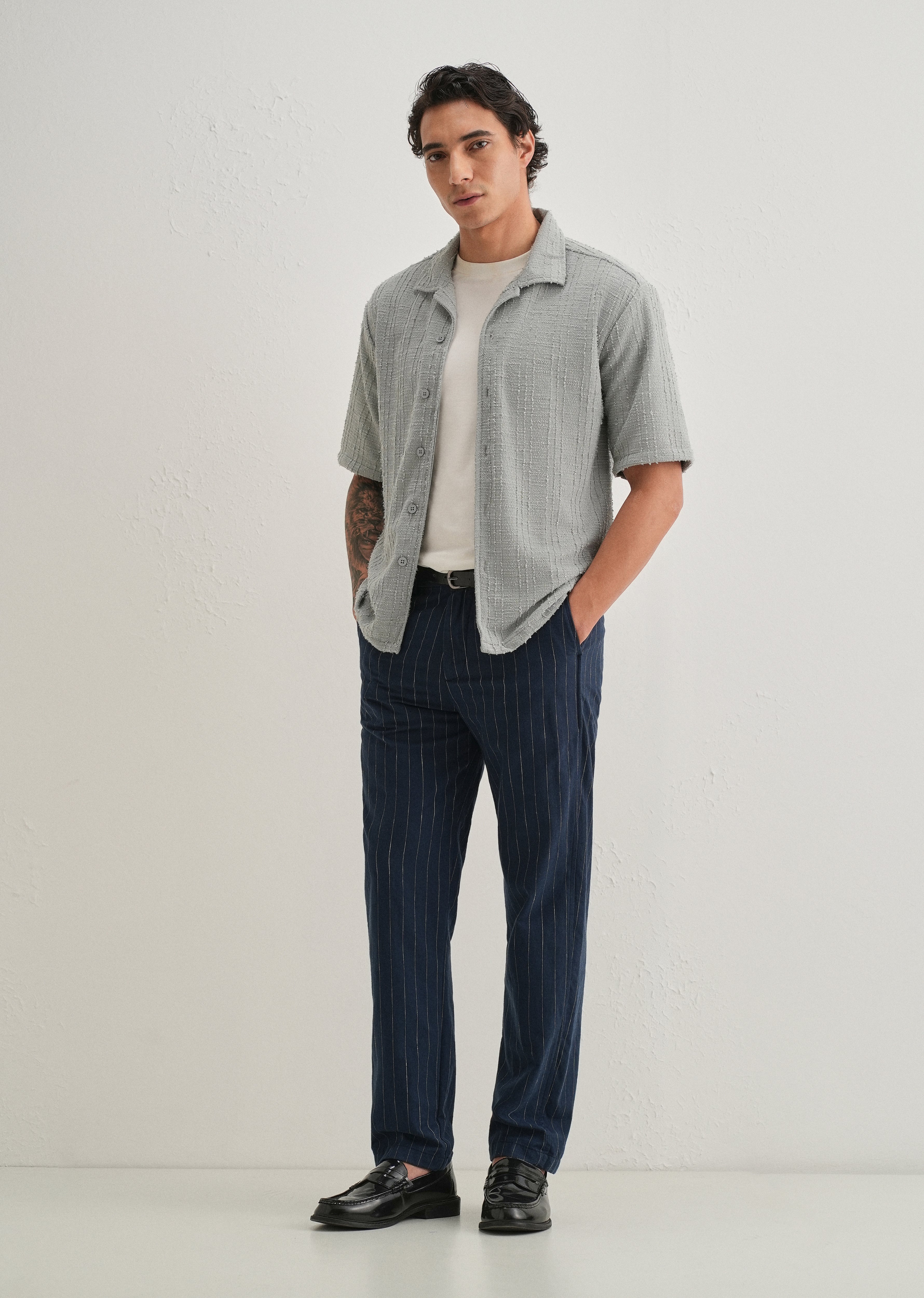Grey Plain Cuban Collar Knitted Shirt