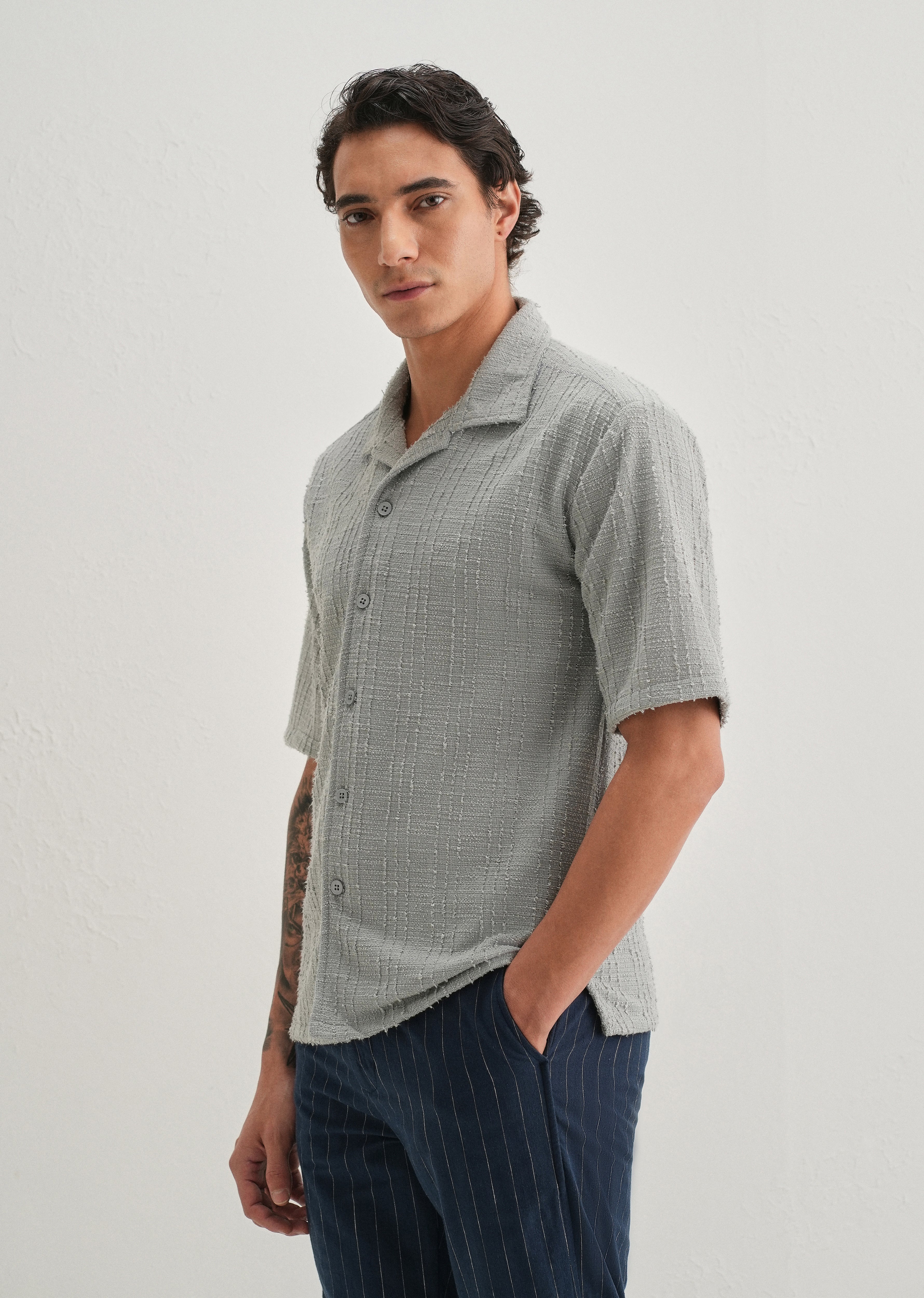 Grey Plain Cuban Collar Knitted Shirt