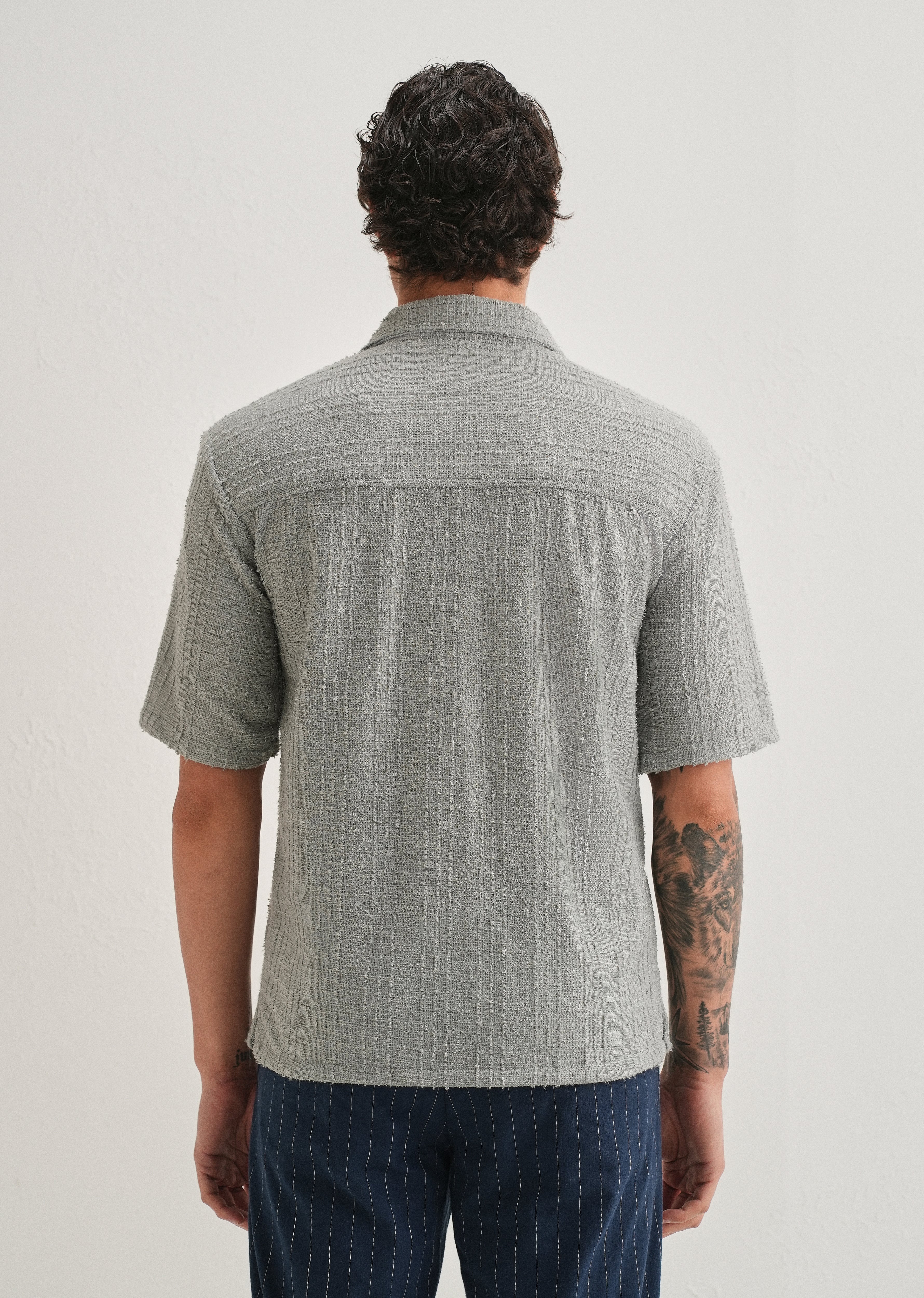 Grey Plain Cuban Collar Knitted Shirt
