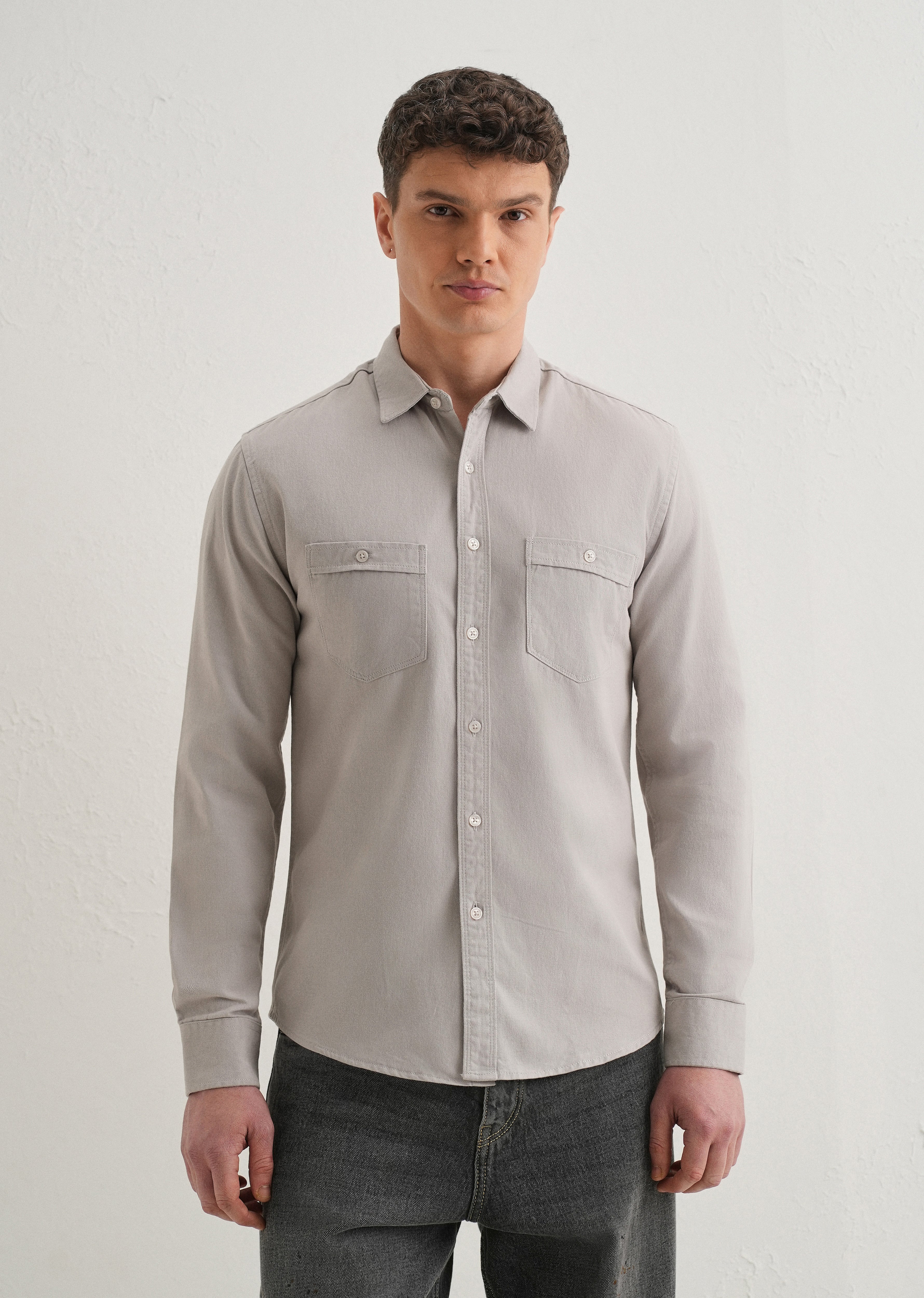 Grey Plain Double Pocket Shirt