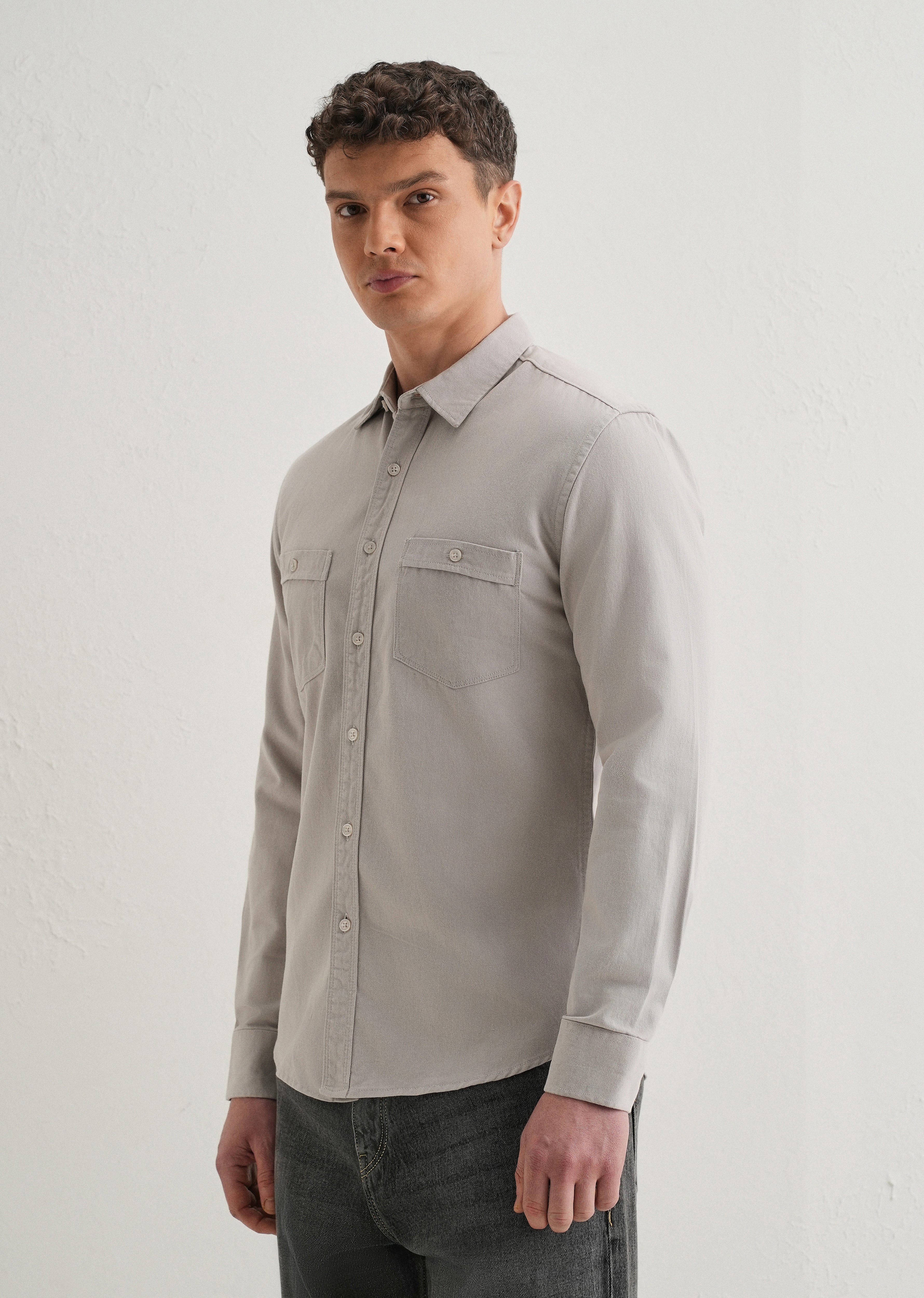 Grey Plain Double Pocket Shirt