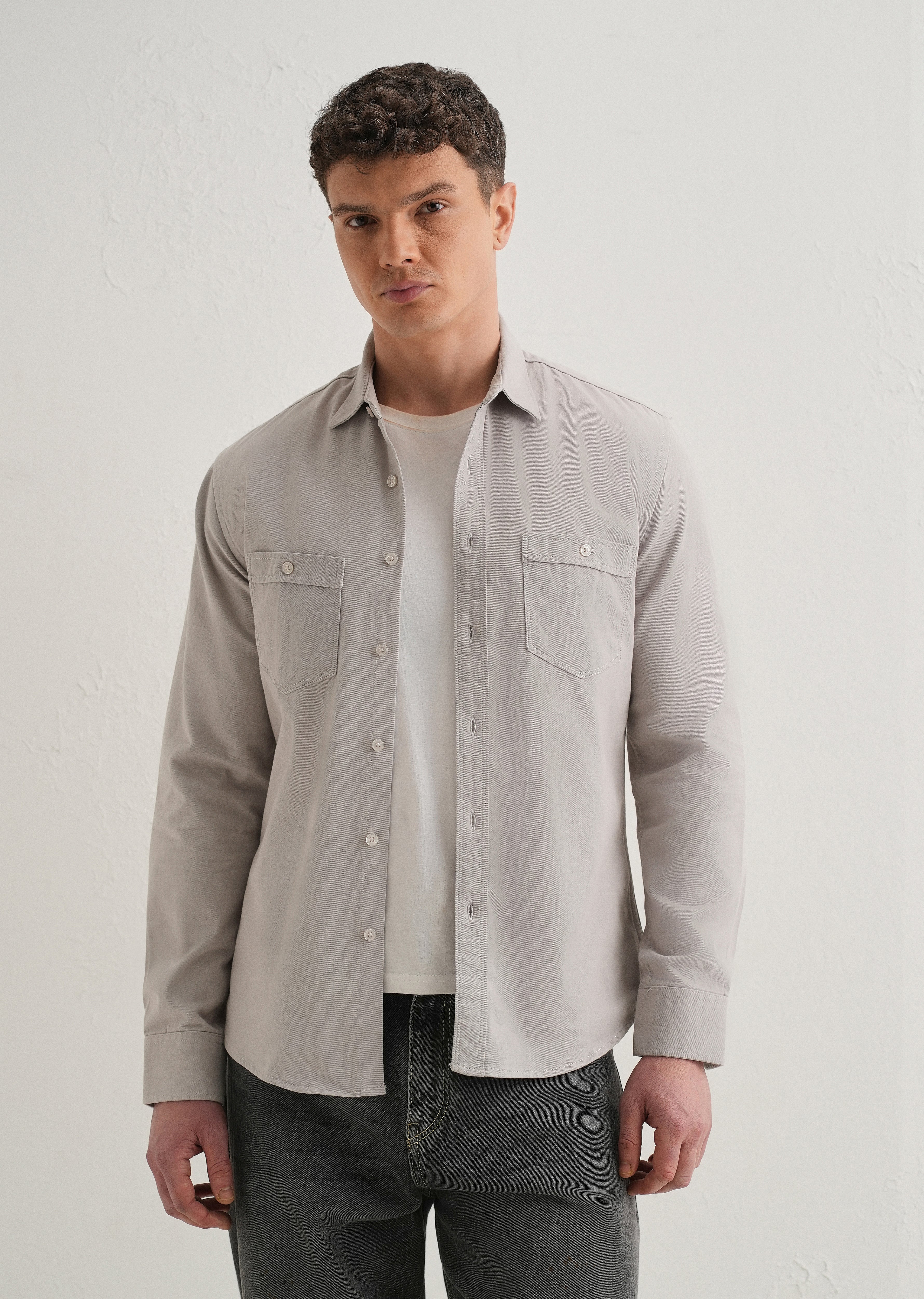 Grey Plain Double Pocket Shirt