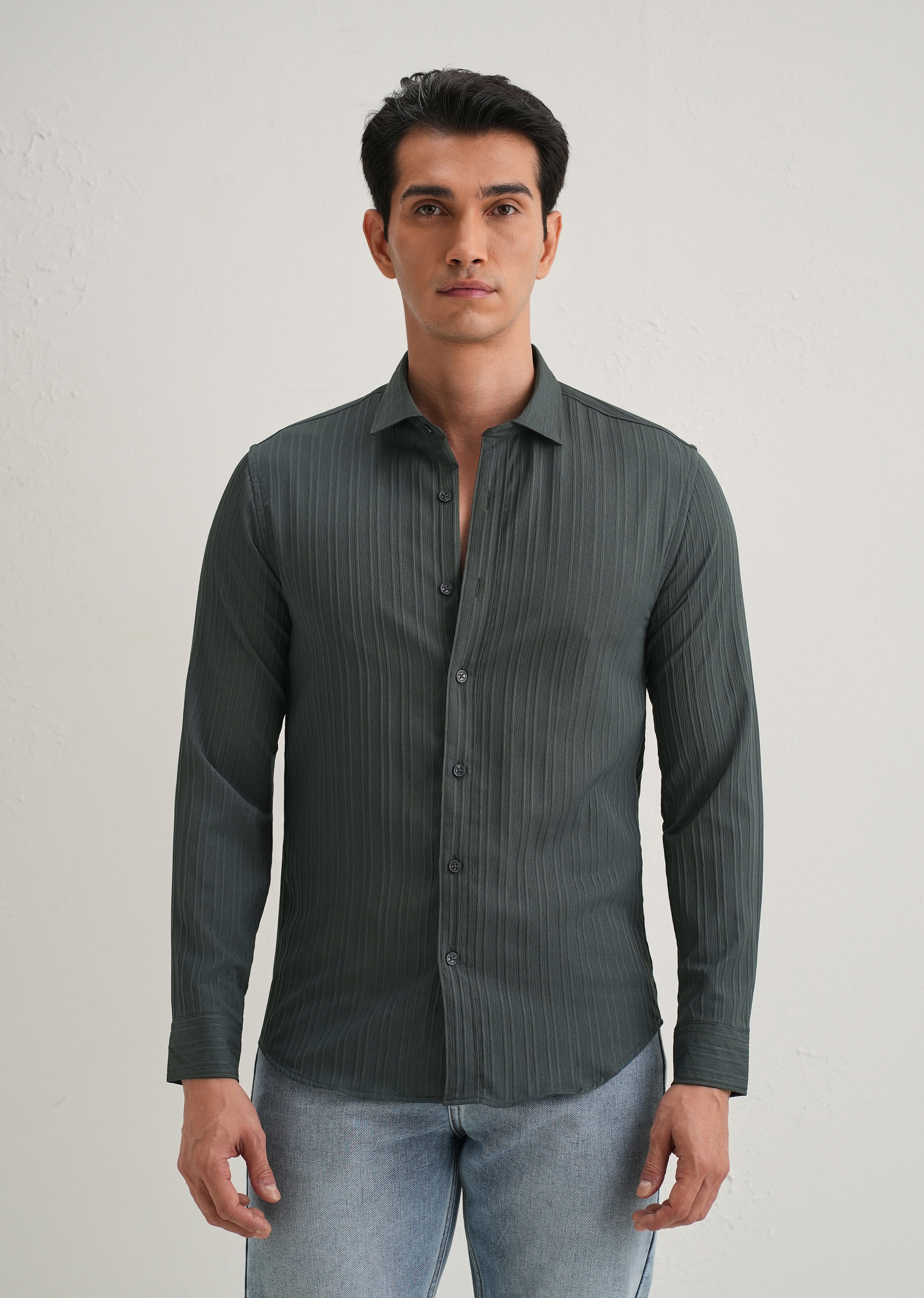 Grey Plain Self Striped Shirt