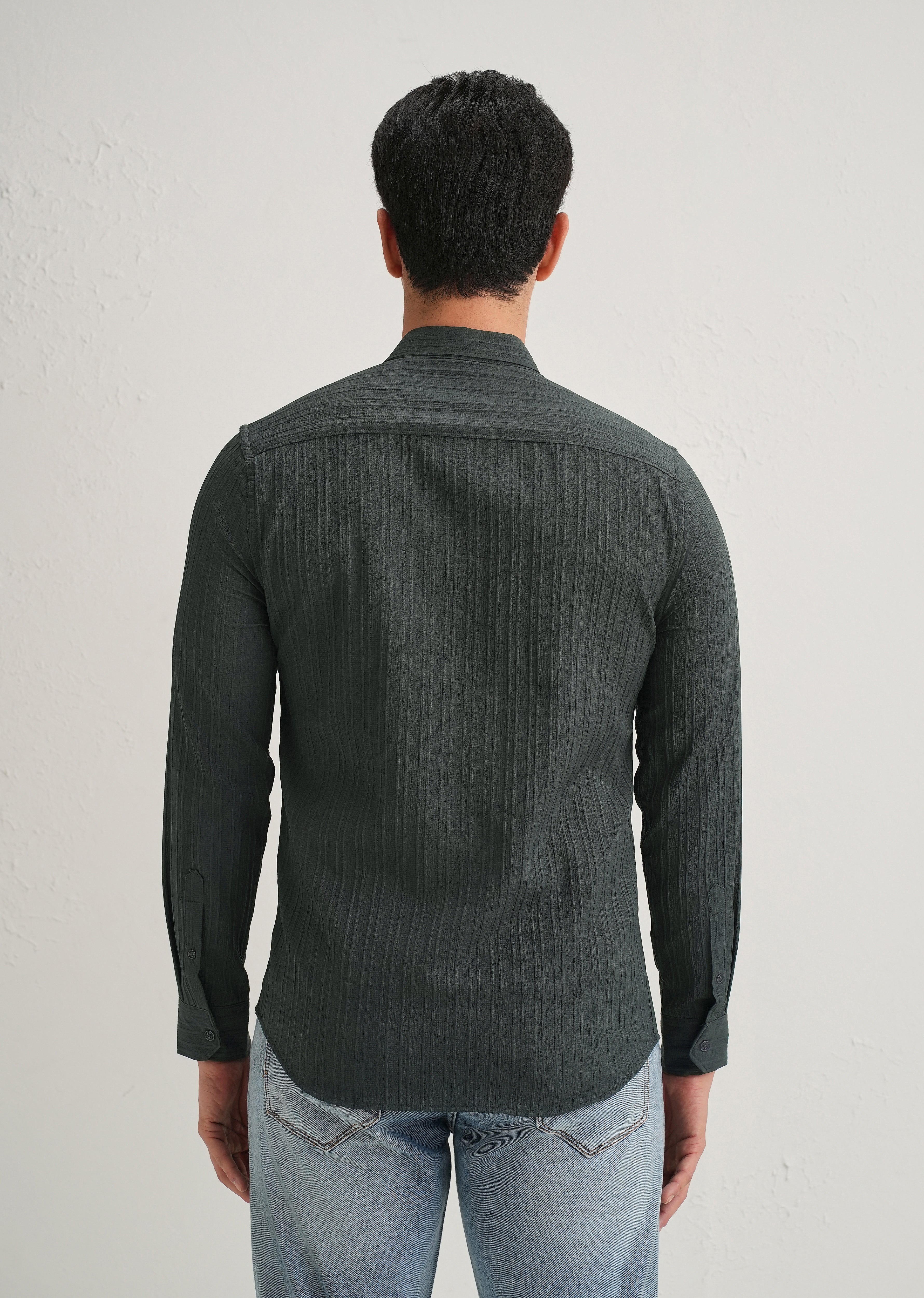 Grey Plain Self Striped Shirt