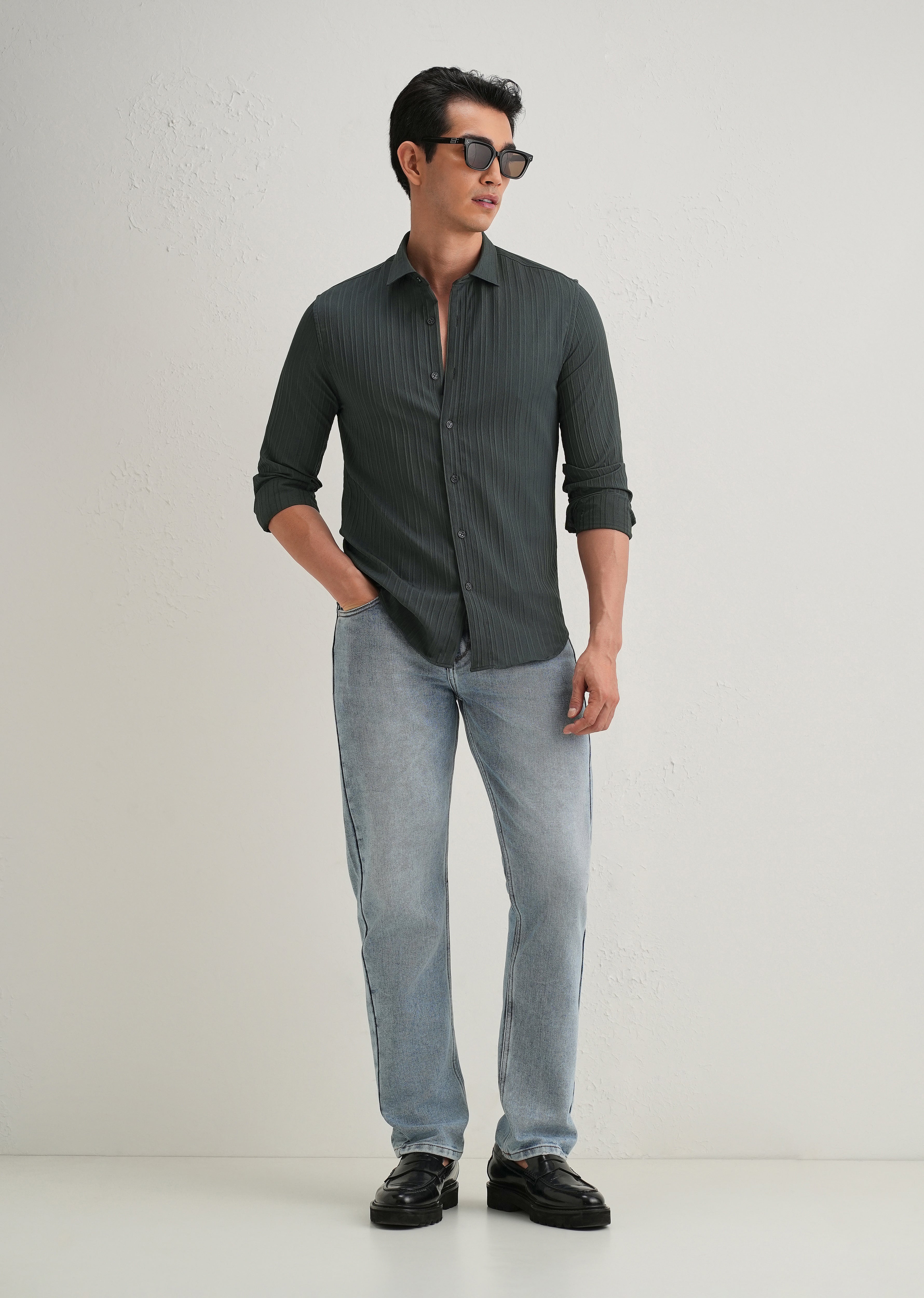 Grey Plain Self Striped Shirt