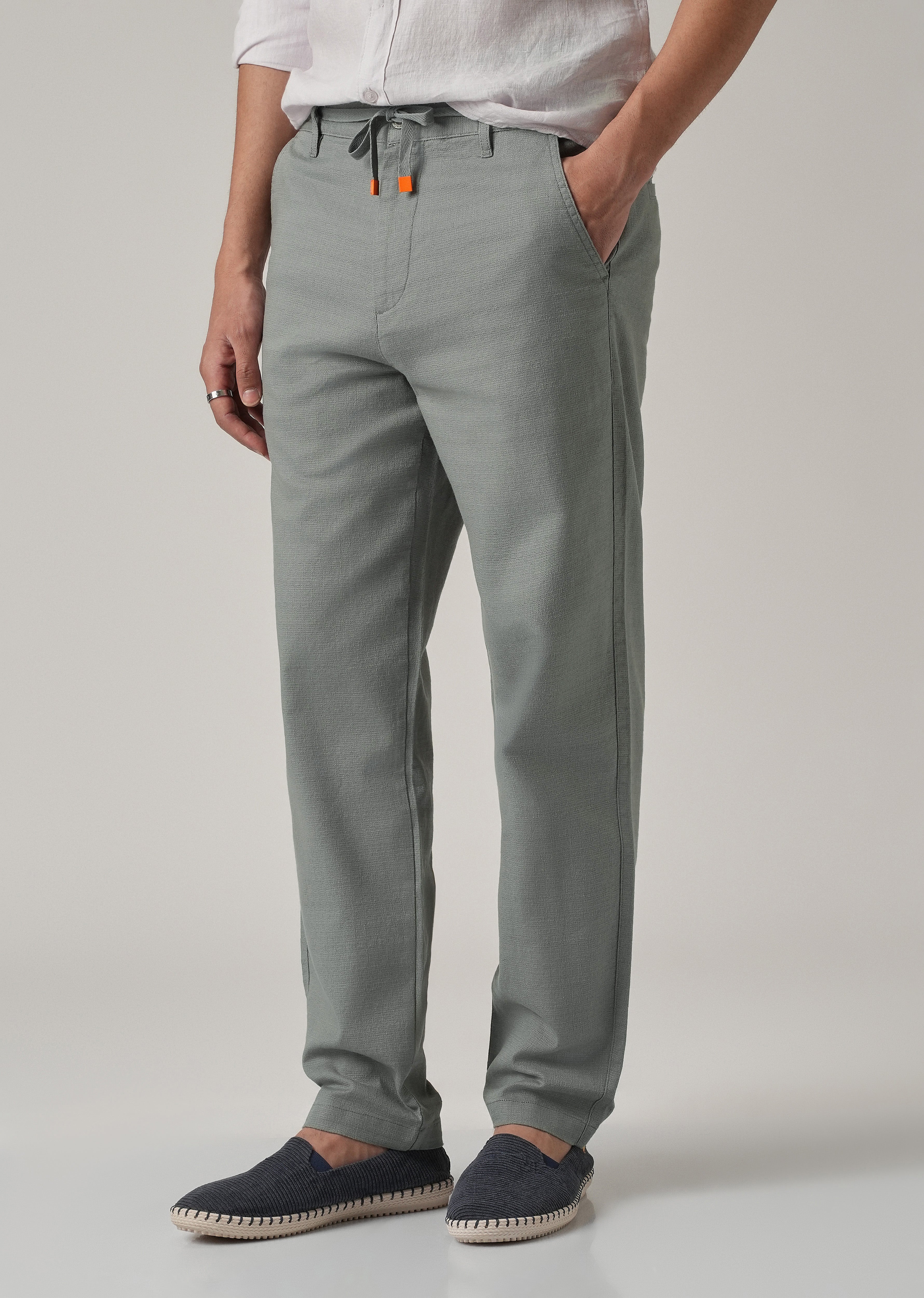 Grey Linen-Look Cotton Trousers