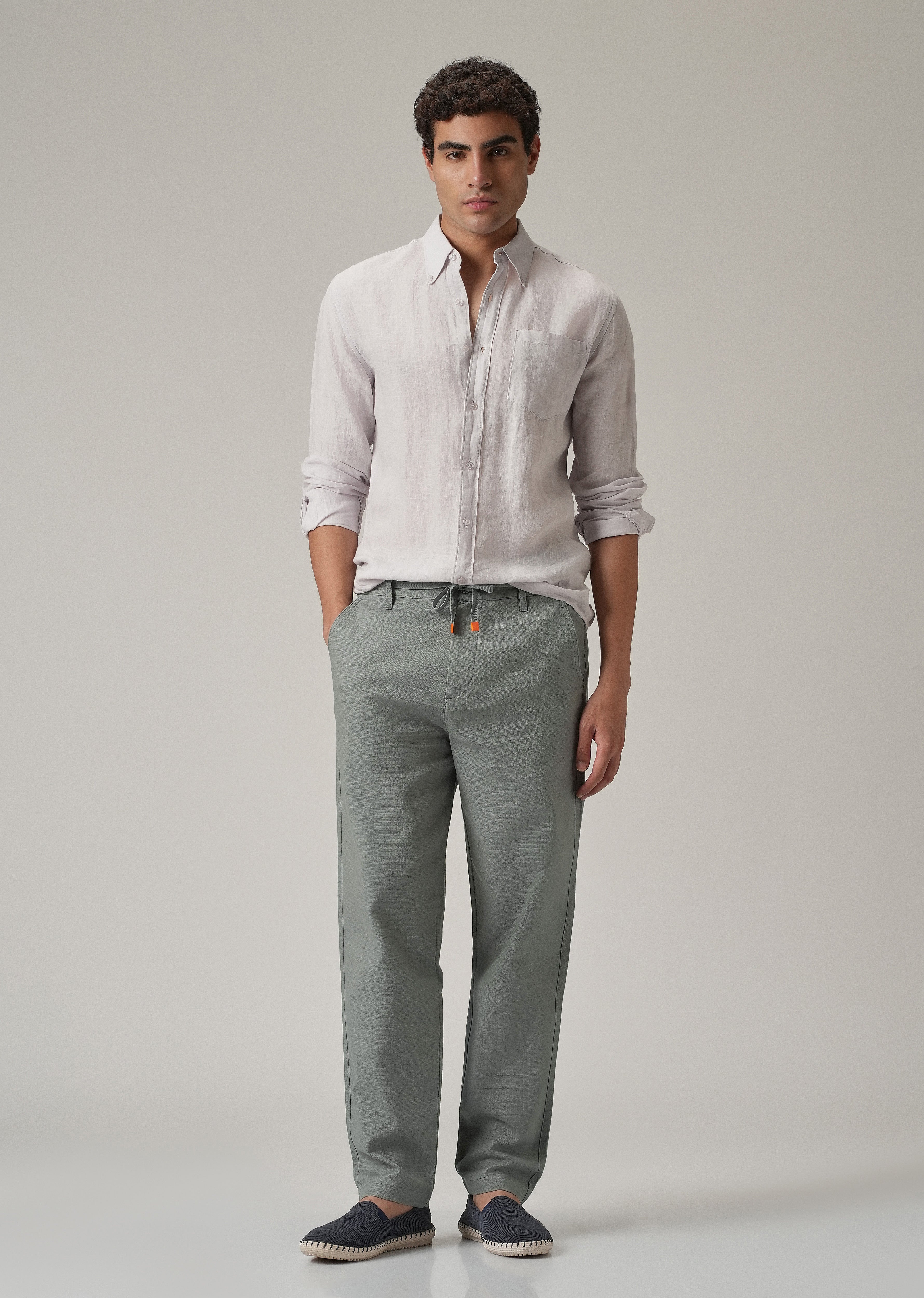 Grey Linen-Look Cotton Trousers