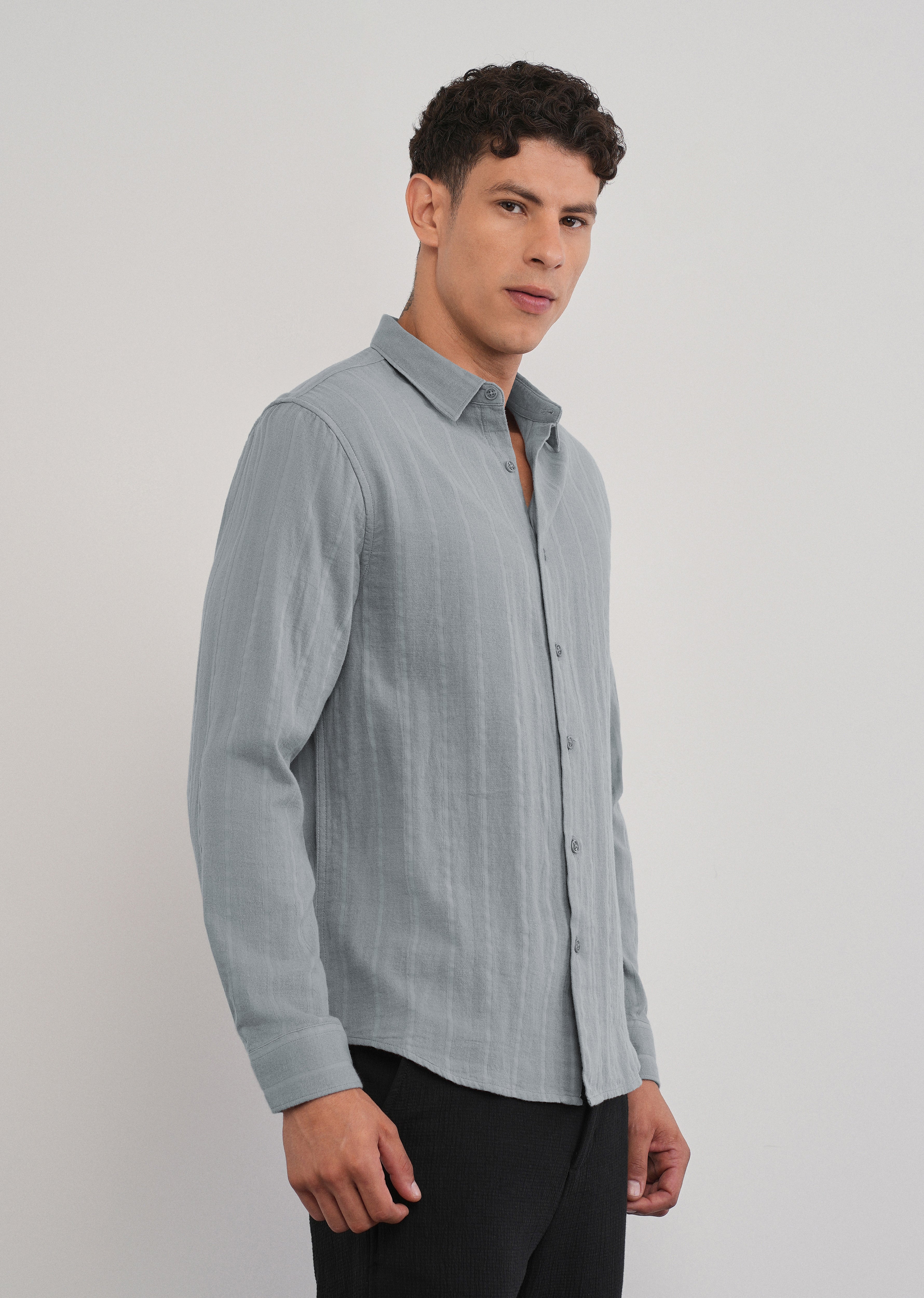 Grey Self Striped Cotton Shirt
