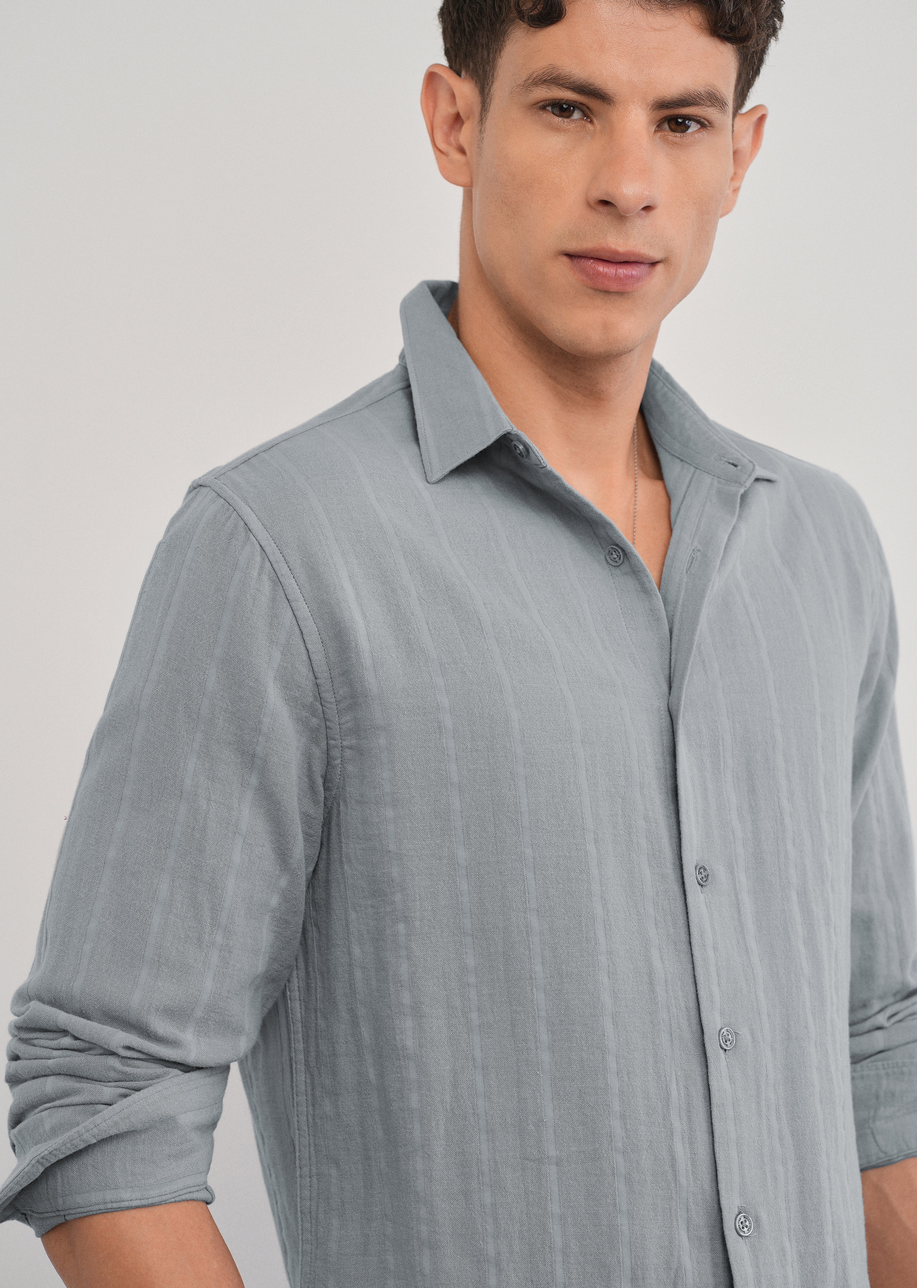 Grey Self Striped Cotton Shirt