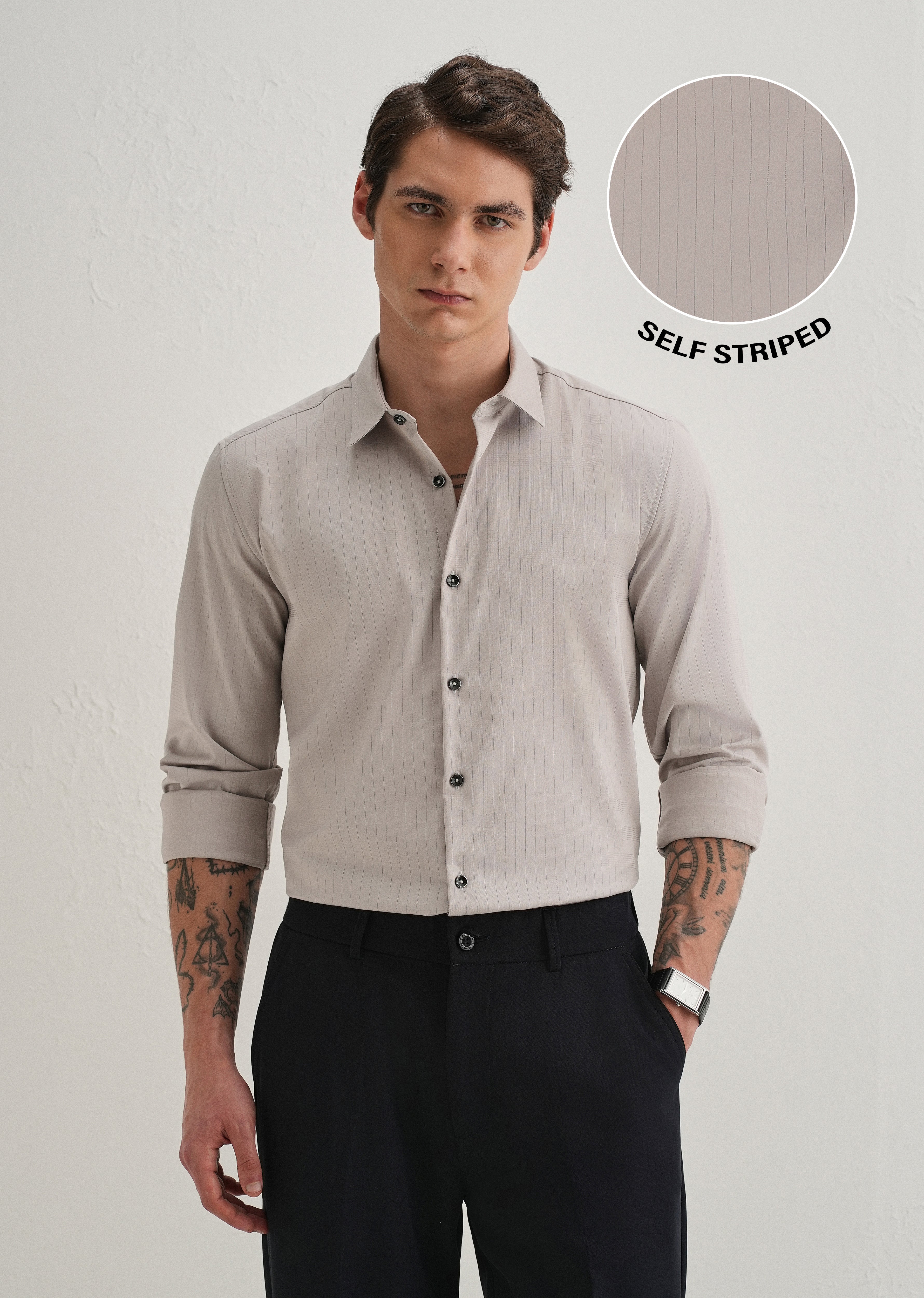 Grey Self Striped Plain Shirt