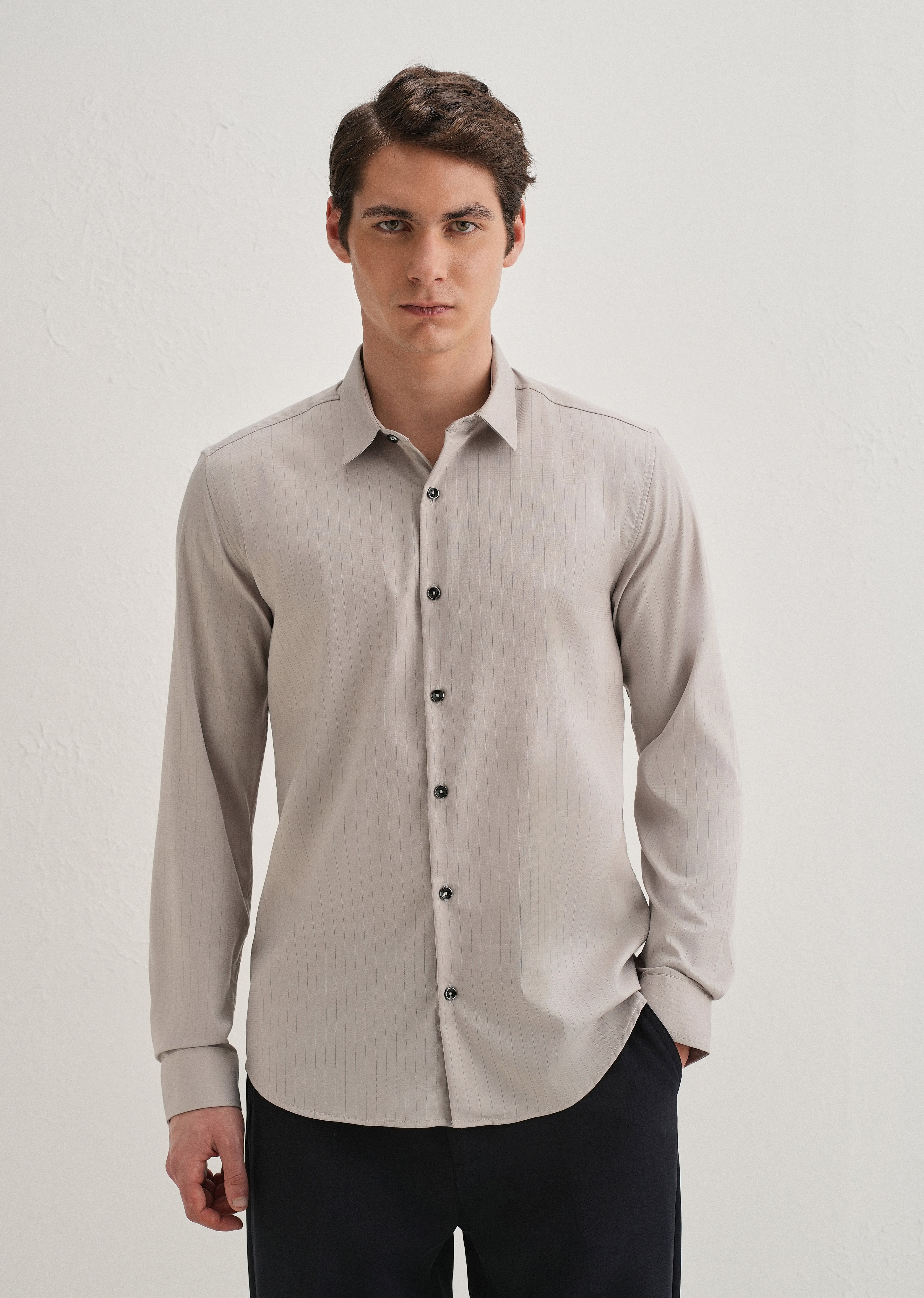 Grey Self Striped Plain Shirt