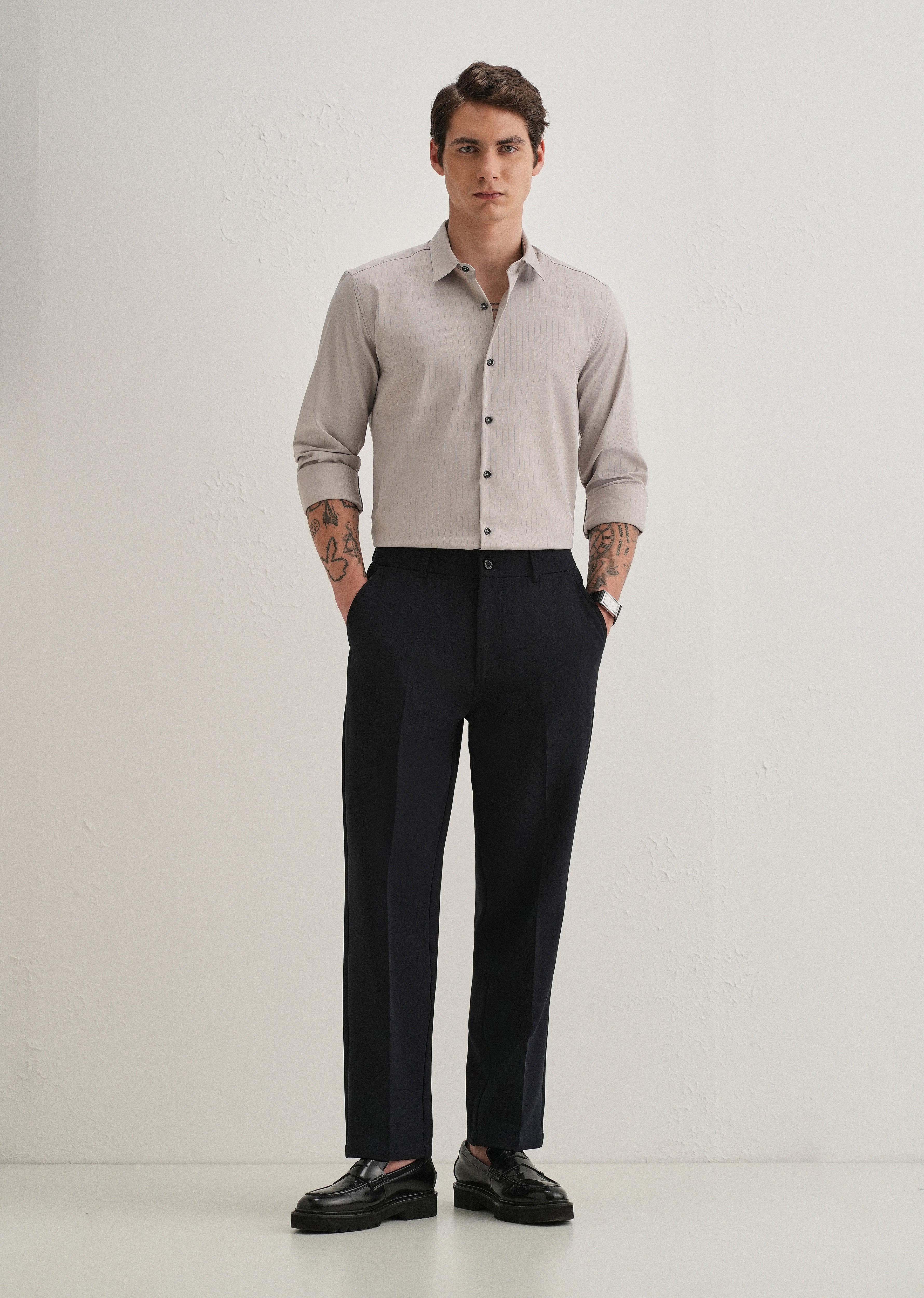 Grey Self Striped Plain Shirt