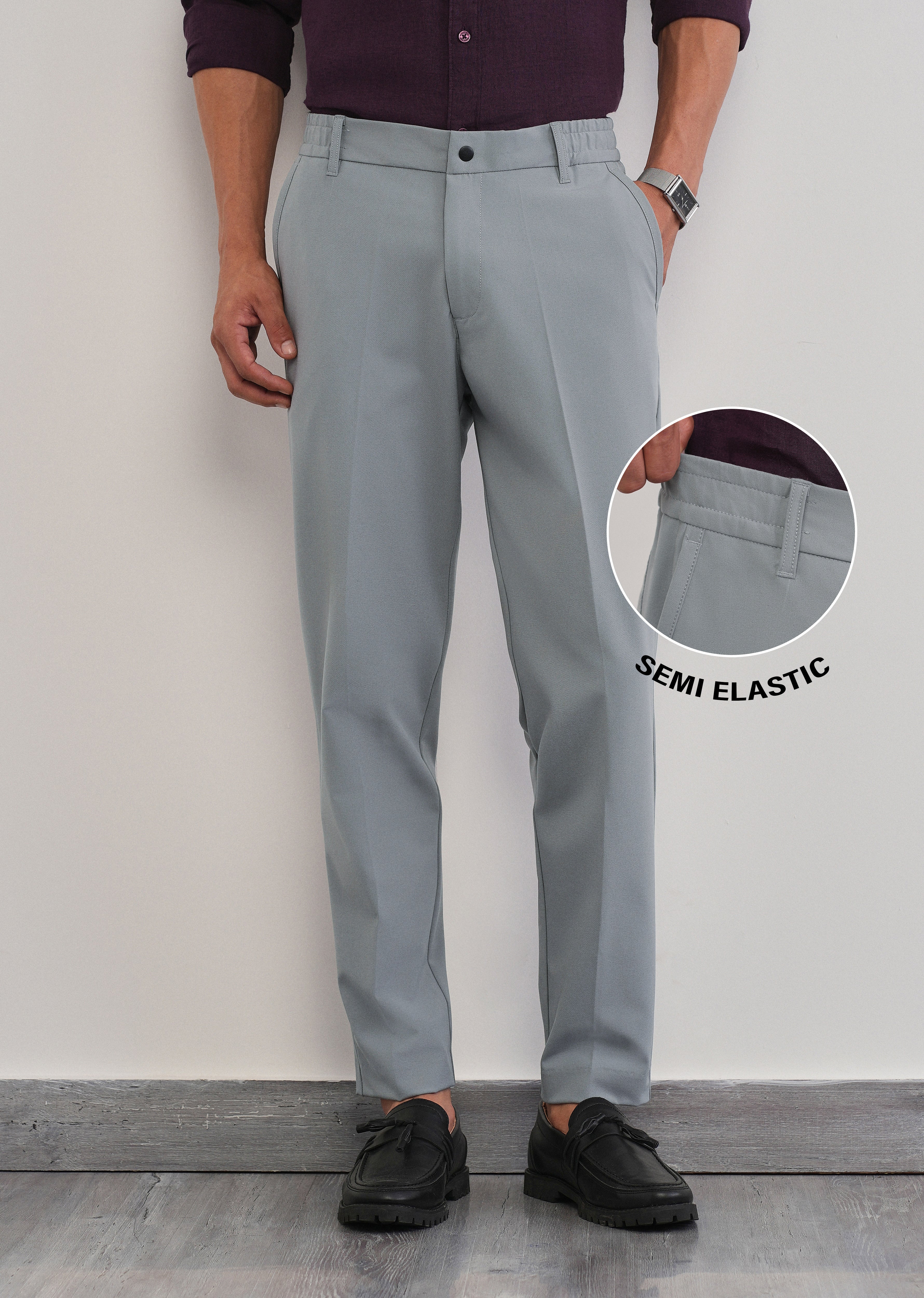 Grey Semi-Elastic Slim Fit Trouser
